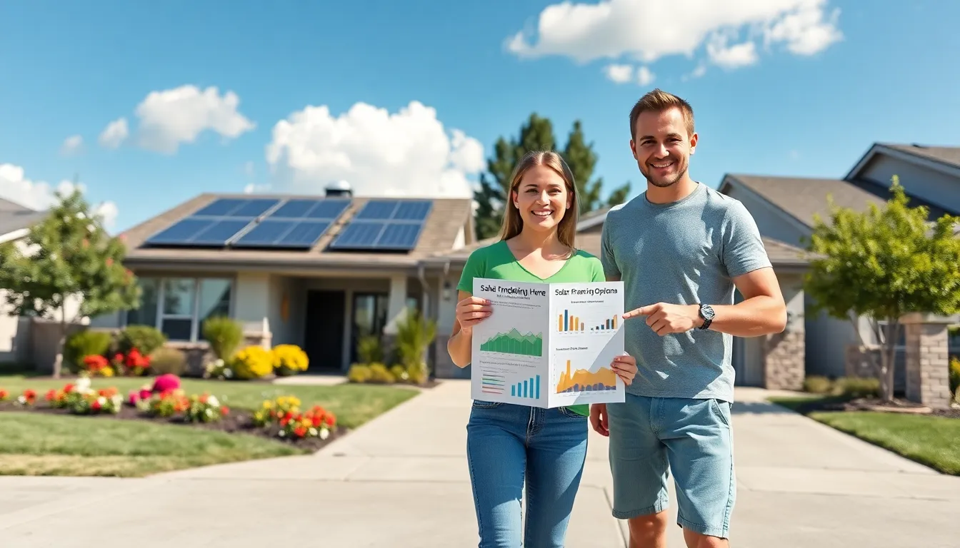 A young couple stands by their solar-paneled home holding an ebook on financing.