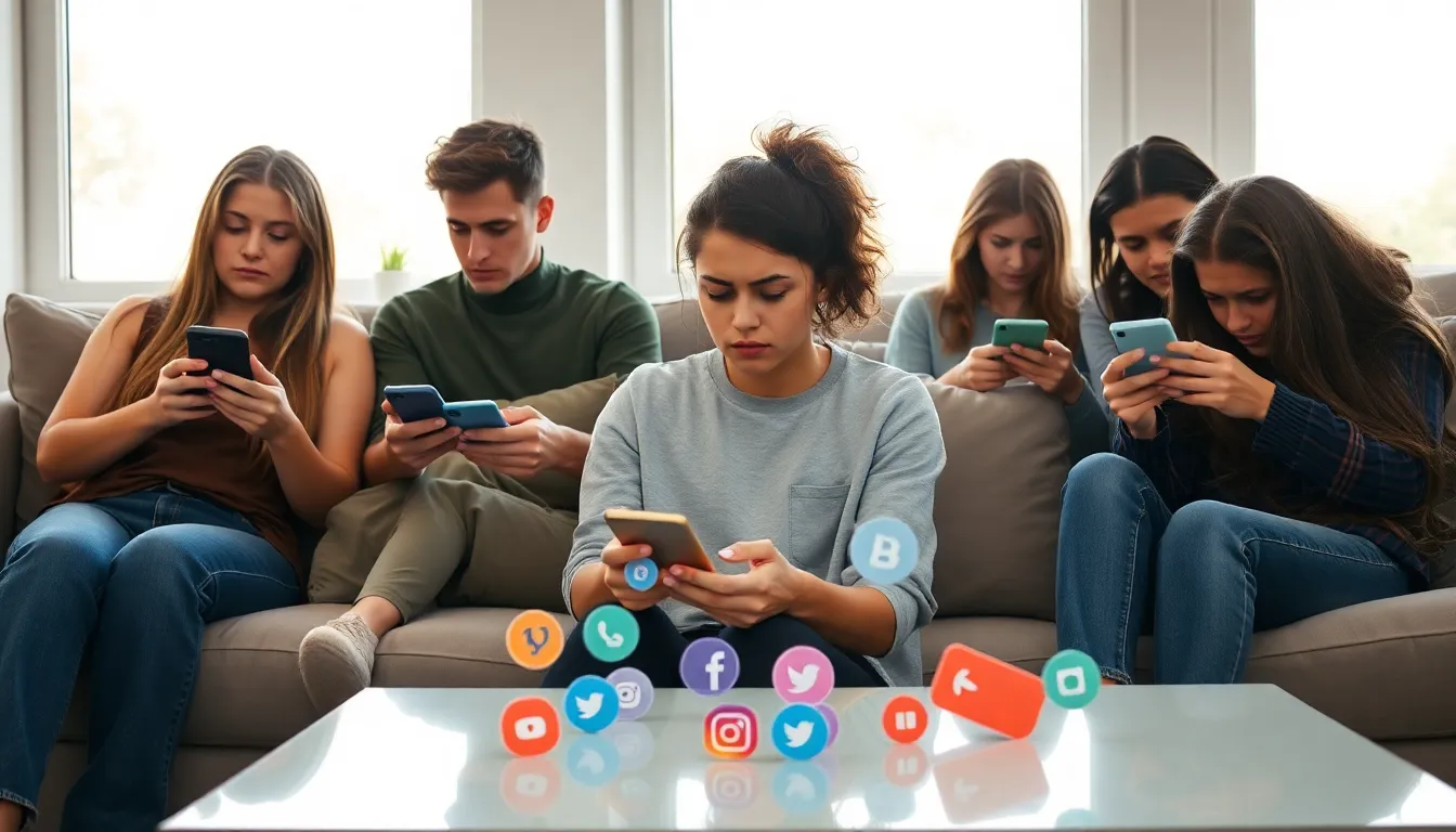 young adults in a living room showing anxiety while using smartphones.