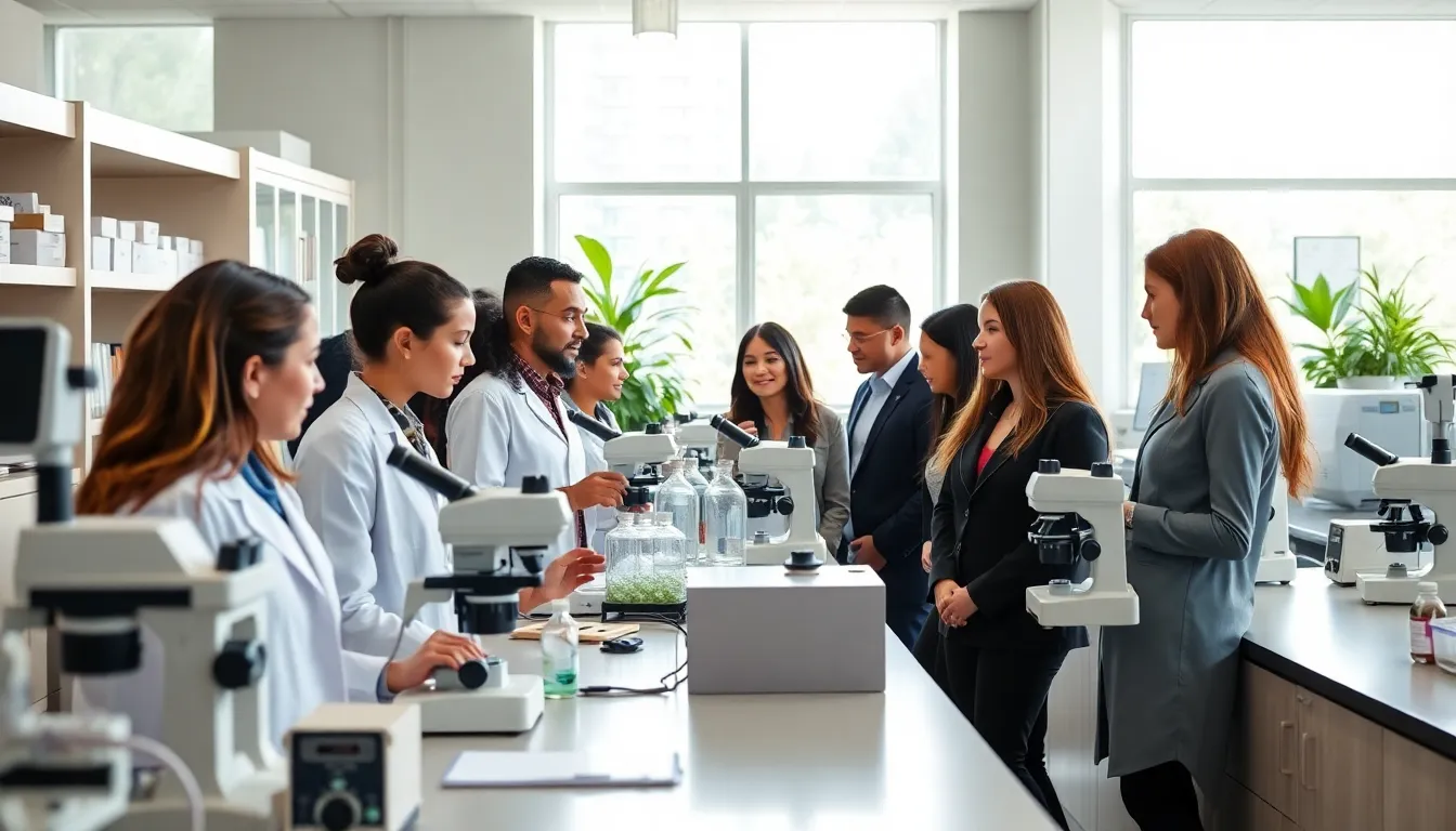 young professionals collaborating in a modern biotechnology lab.