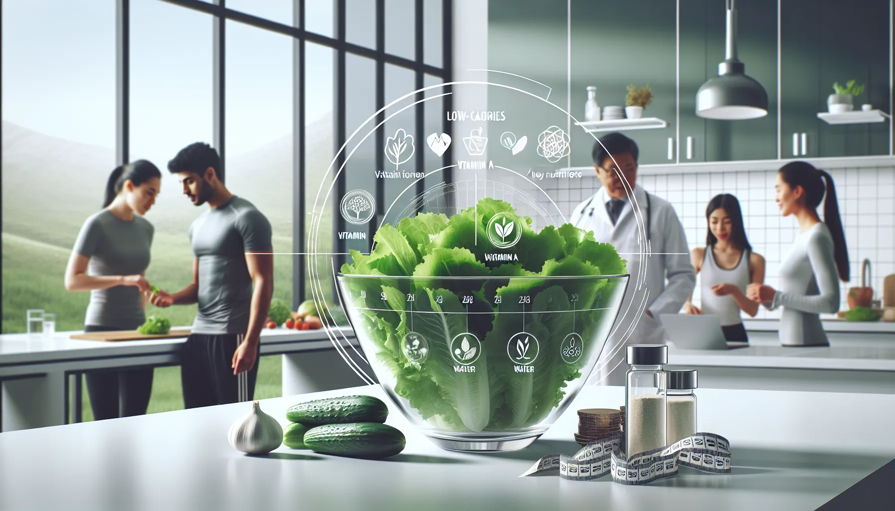 Fresh green lettuce and nutrition chart in a modern kitchen setting.