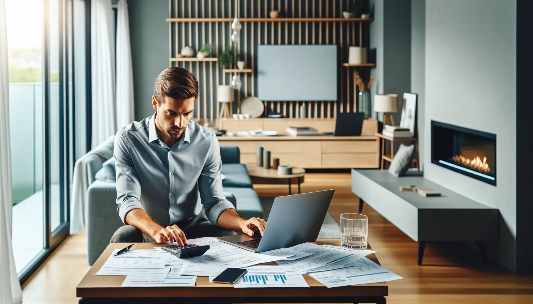 Person reviewing HRT bills at desk with laptop and TV in background