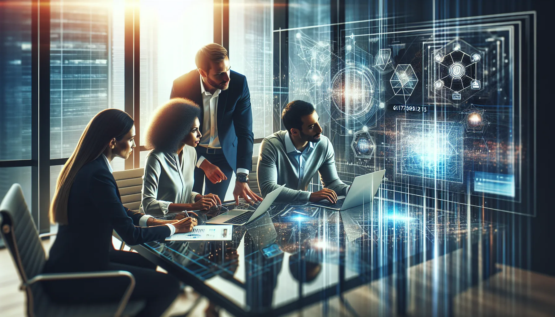 diverse team discussing futuristic technology in a modern office.