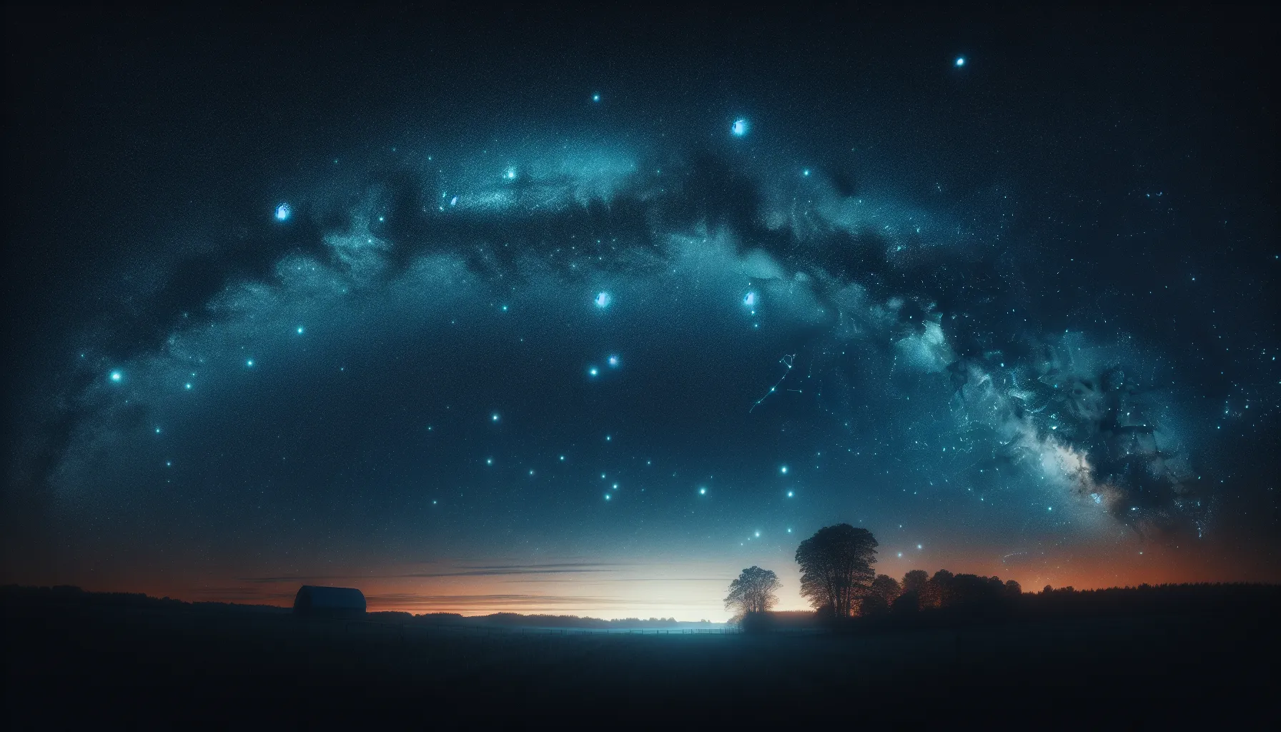 A clear night sky displaying the Orion constellation above a serene countryside.