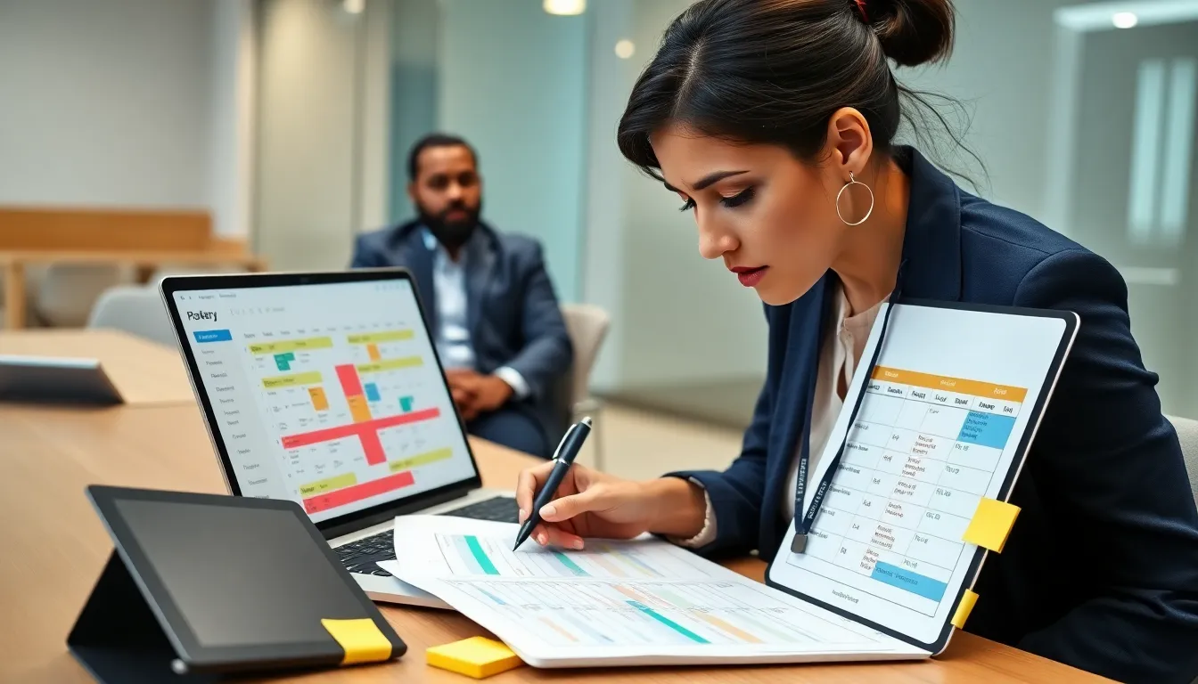 Operations manager reviewing a detailed staff roster on a laptop at morning.
