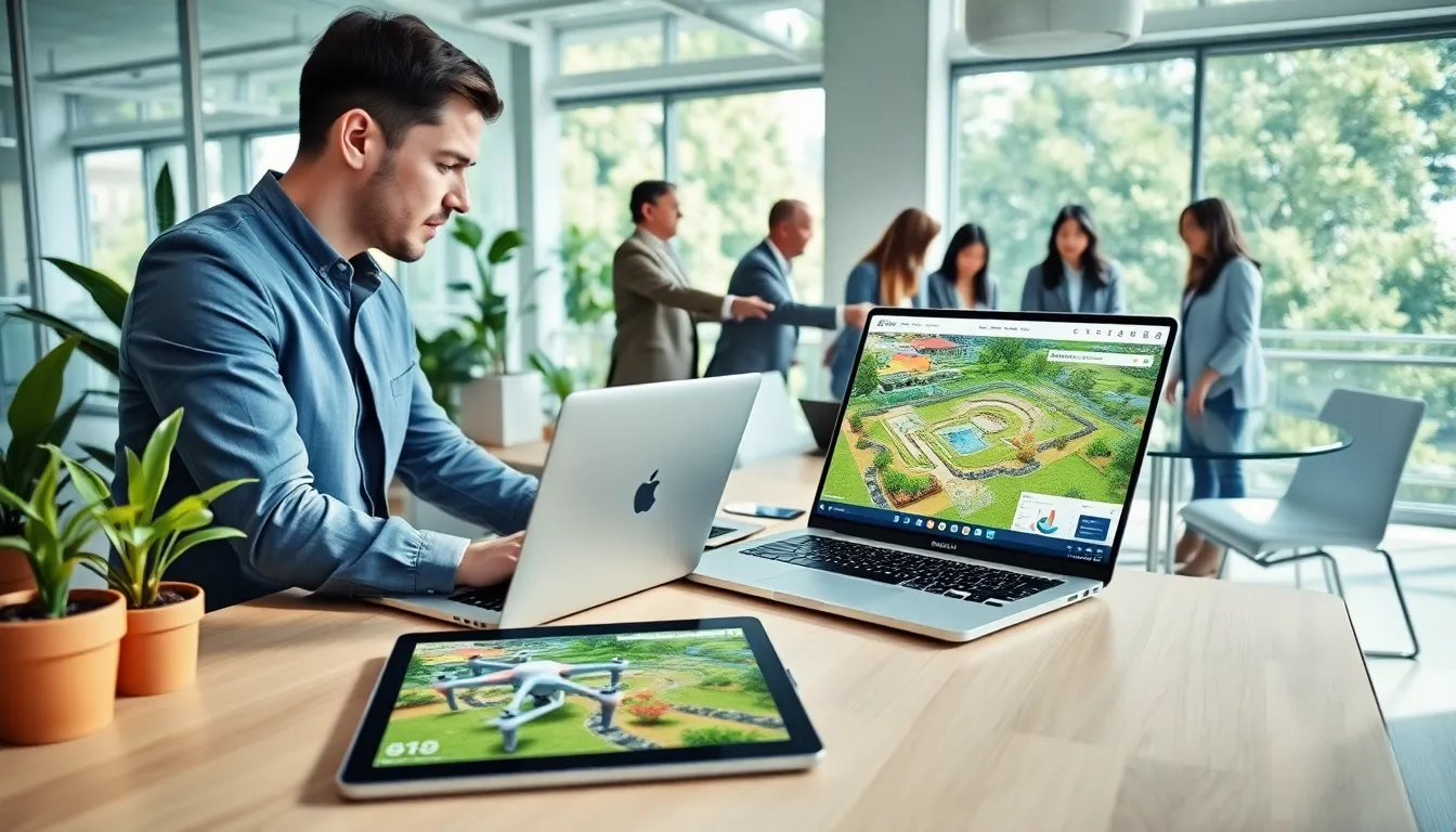 landscape architect working on a digital design in a modern office.