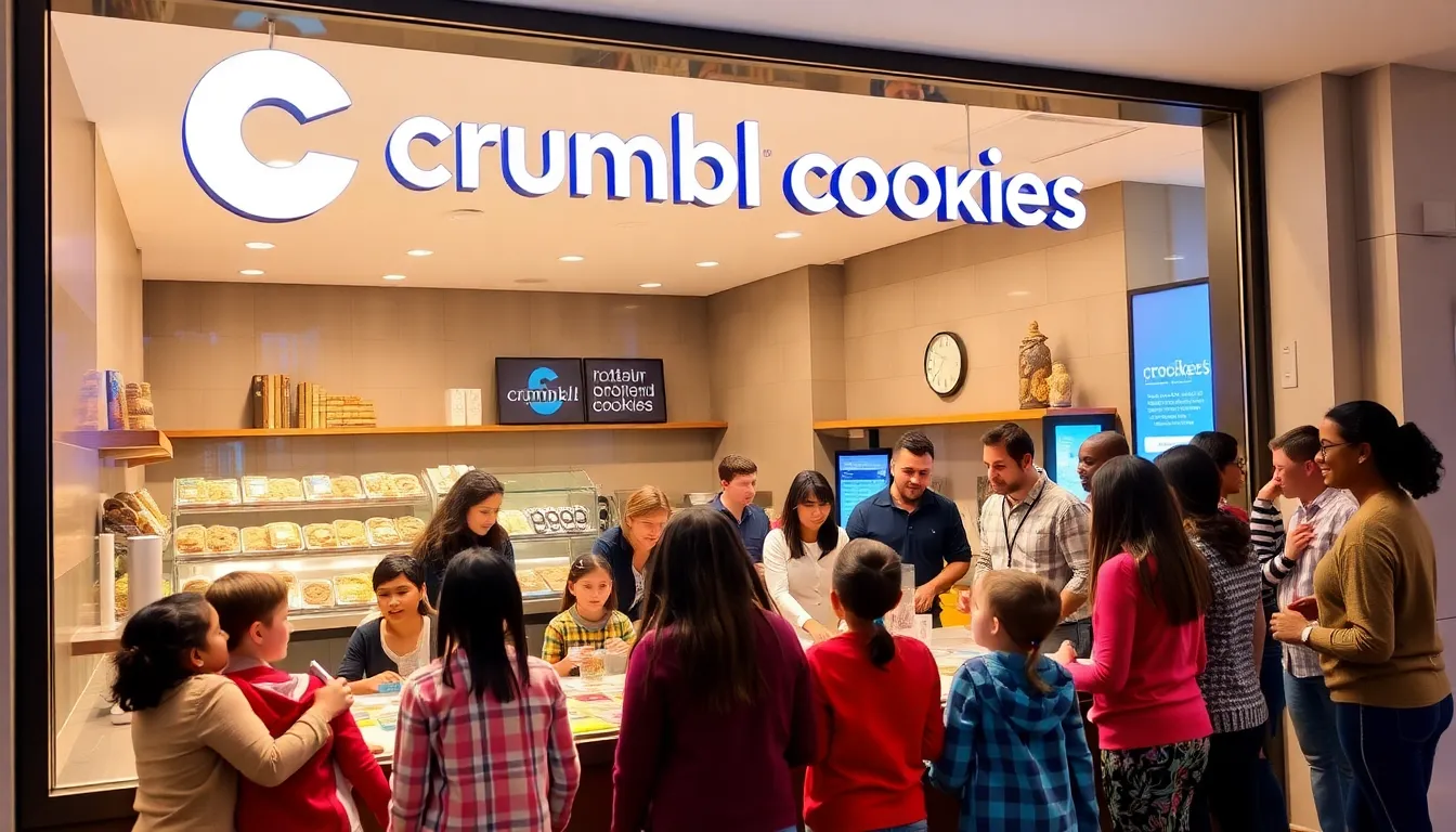 diverse customers enjoying cookies in a modern Crumbl store.
