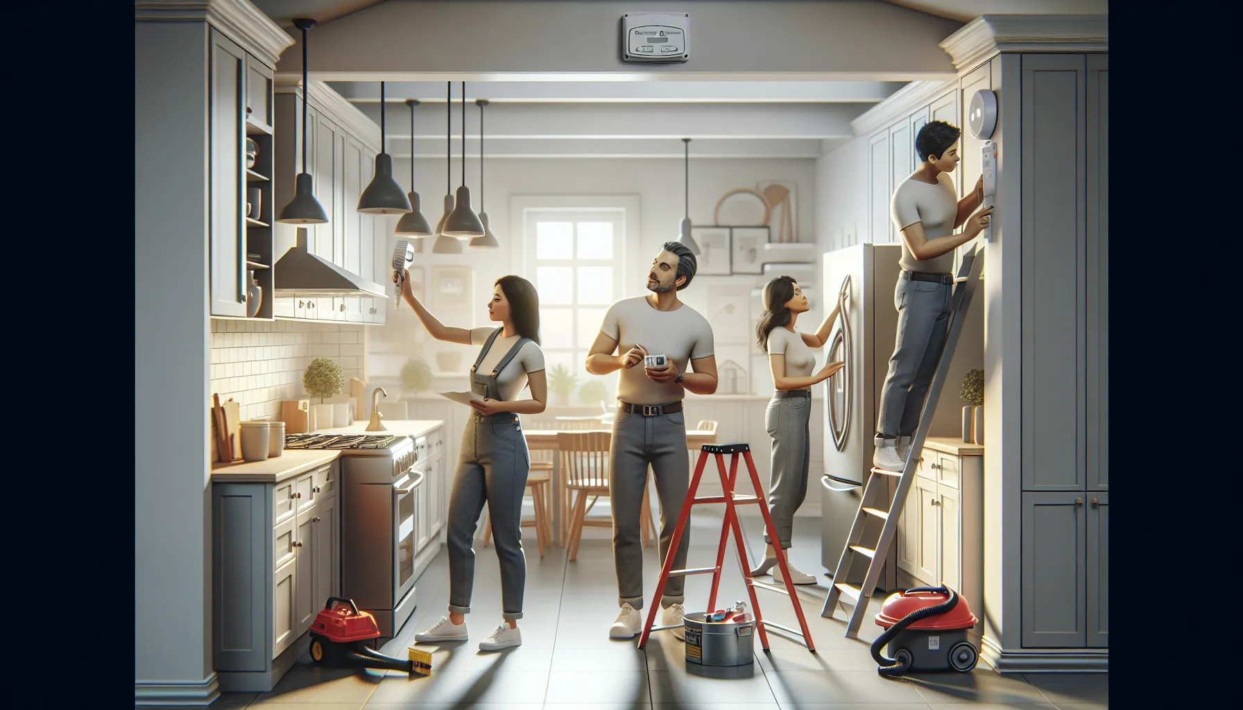 family engaged in home maintenance tasks in a modern kitchen.
