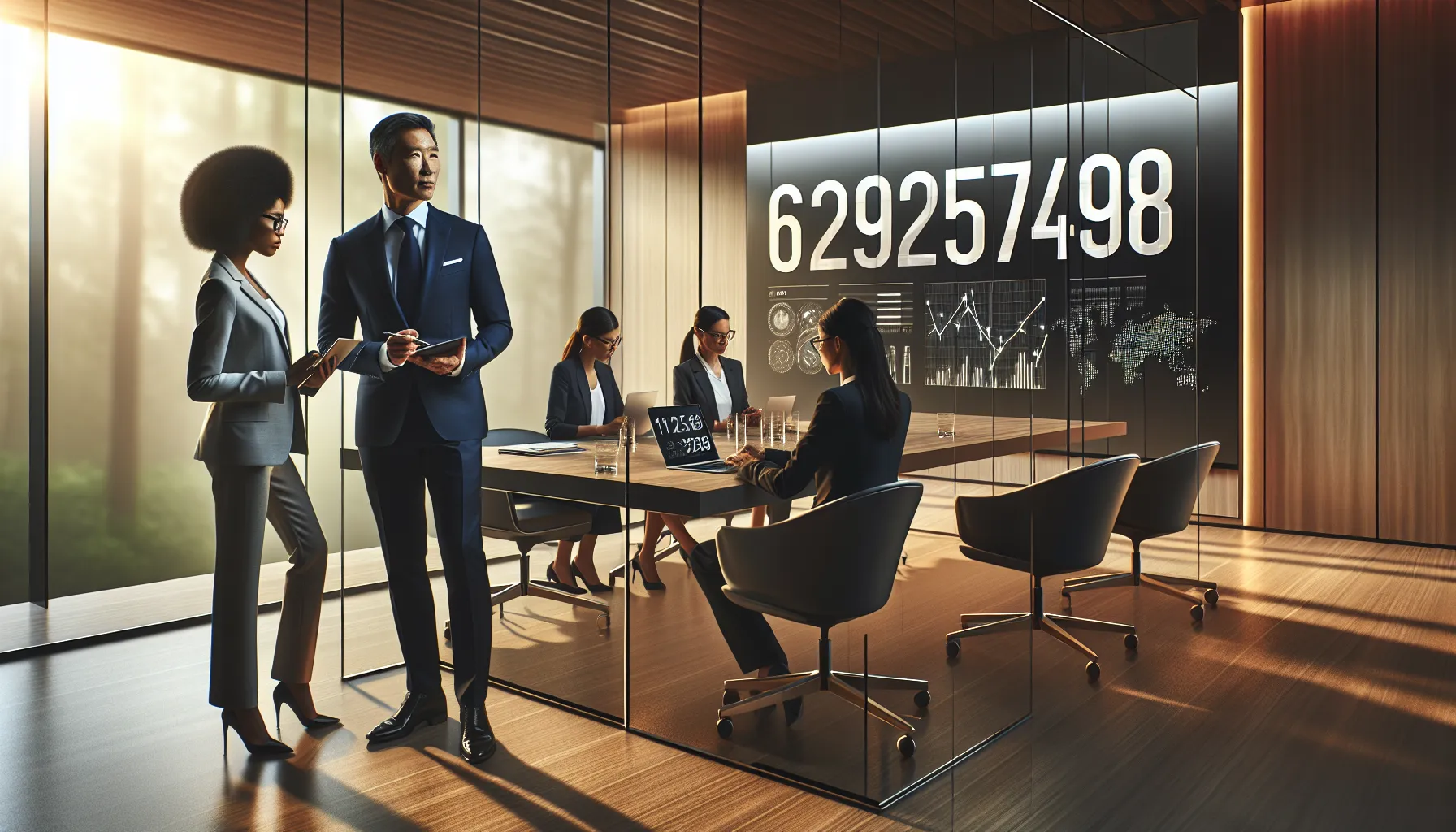 diverse professionals discussing the significance of a numerical sequence in a conference room.
