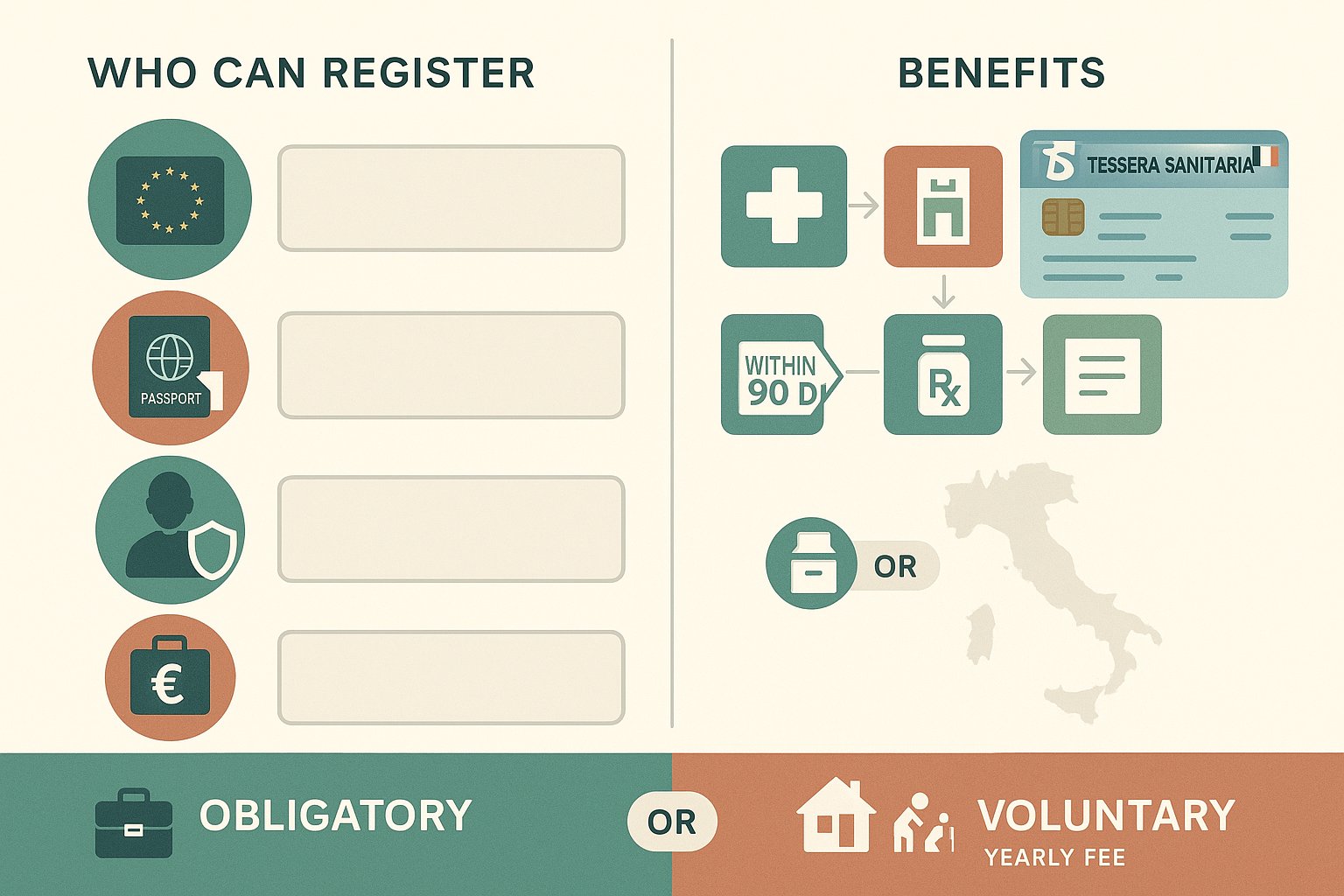 Infografica che mostra chi può registrarsi al sistema sanitario italiano e i benefici.
