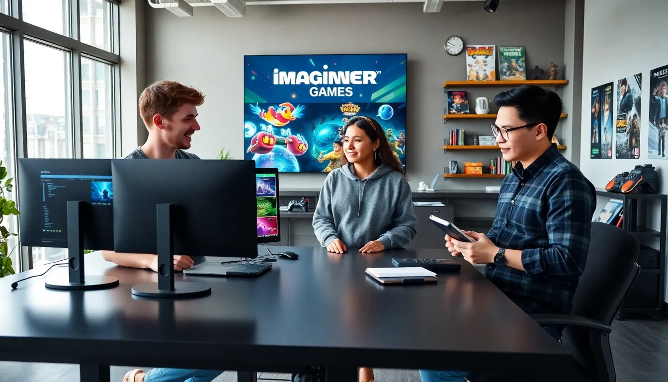 a diverse team collaborating in a modern gaming office.