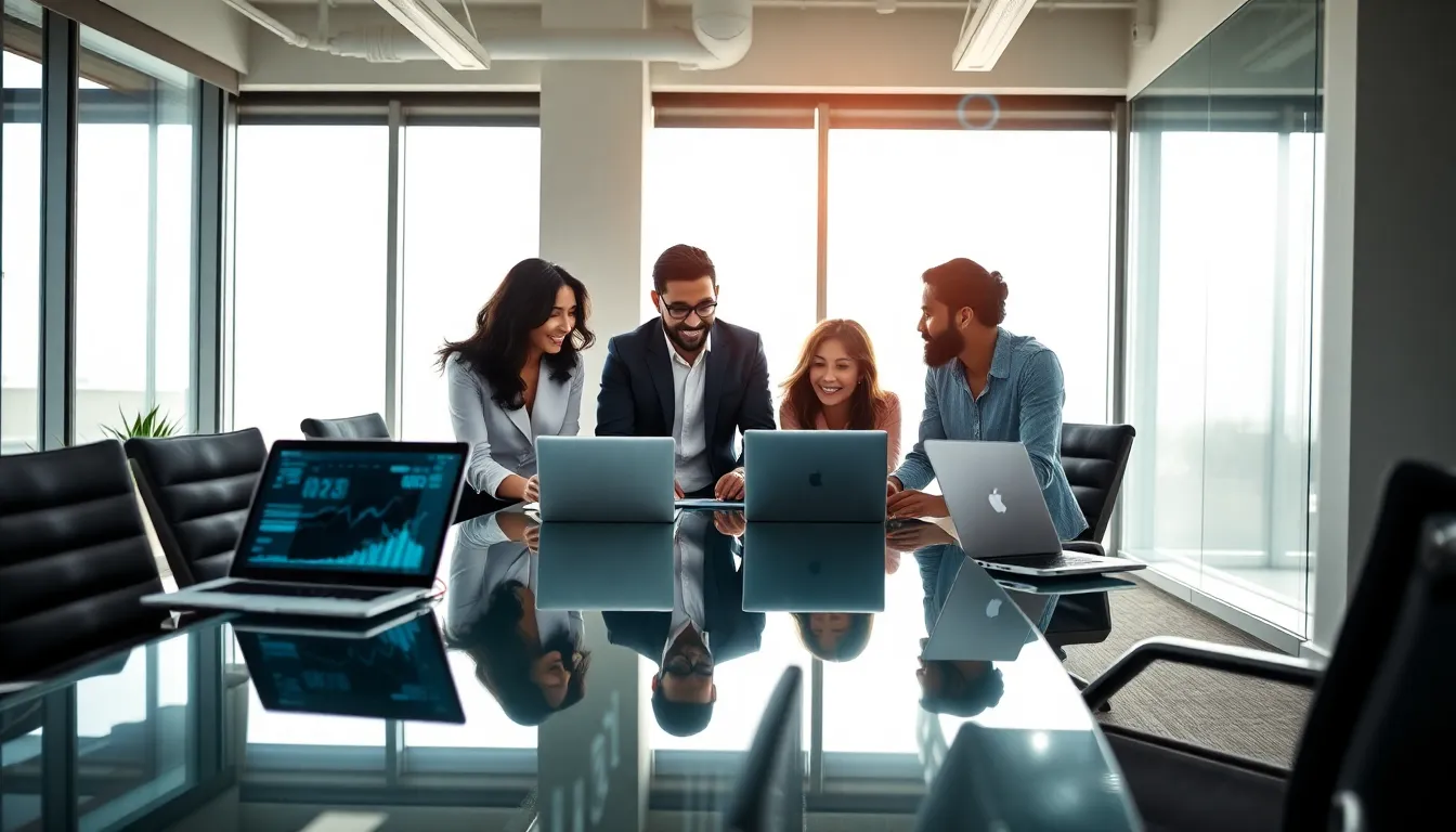 diverse fintech team collaborating in a modern office.