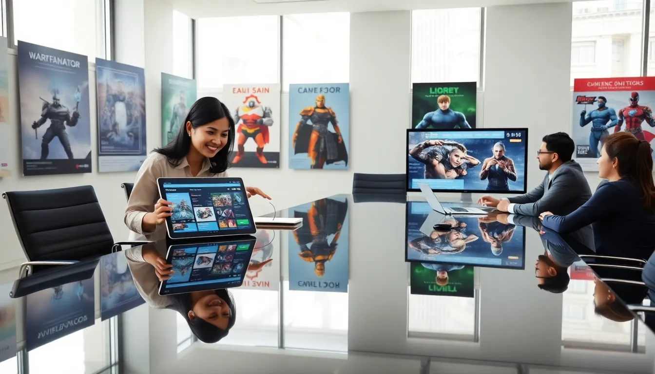 diverse team collaborating on CK2Generator character customization in a modern office.