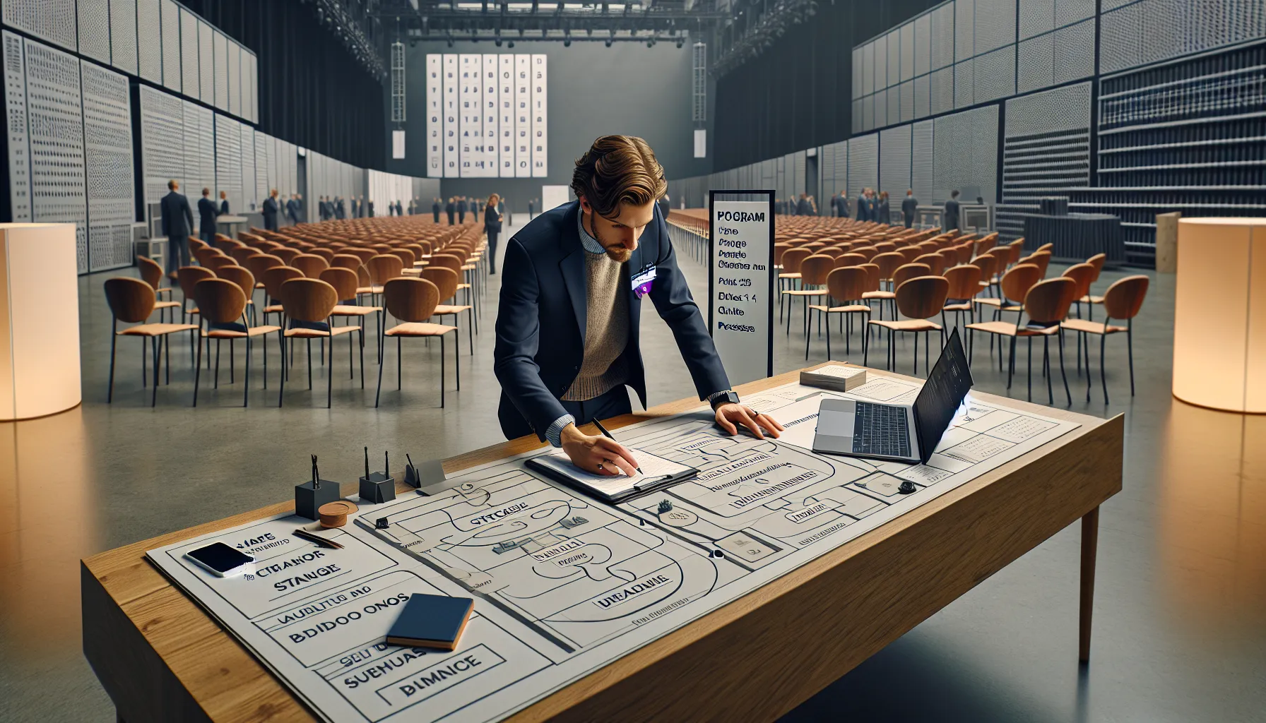 Event planner reviewing venue layout and schedule in a modern norwegian conference room.