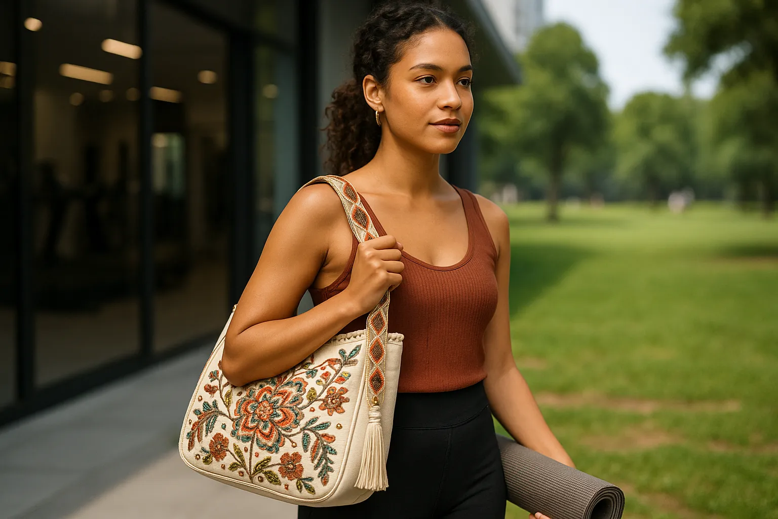 Woman with a designer boho chic handbag, from gym to picnic.