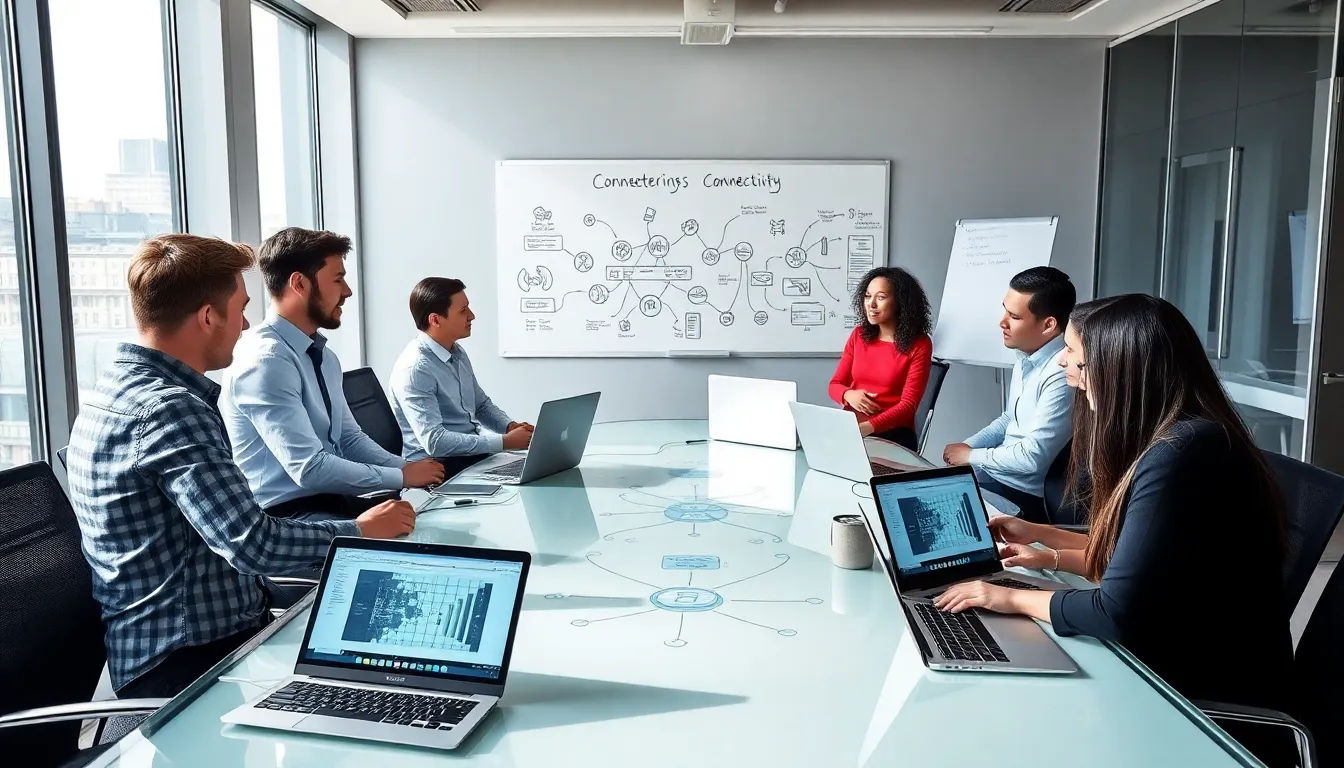 professionals discussing technology in a modern office.