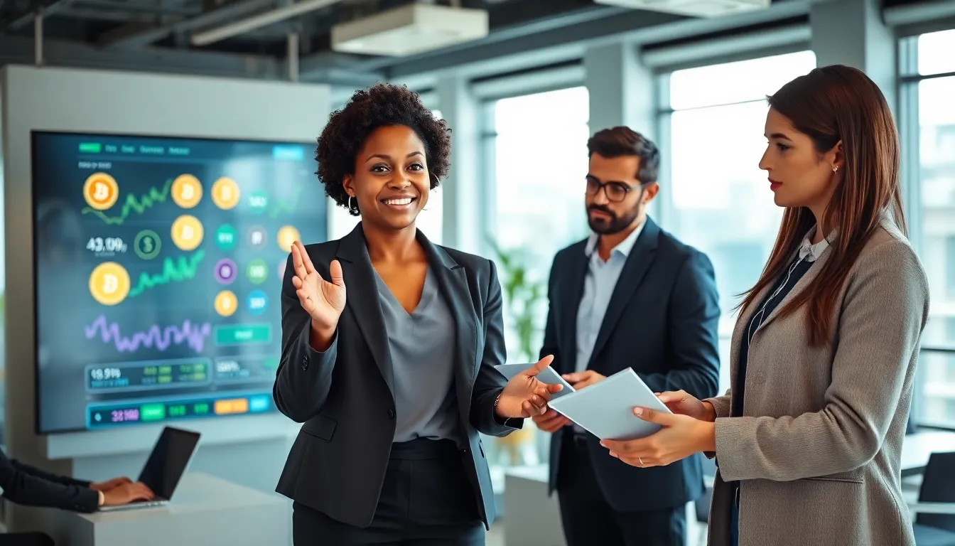diverse professionals discussing cryptocurrency in a modern office.