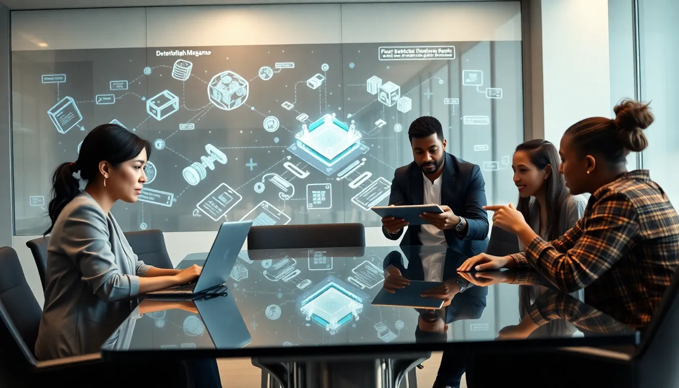 diverse team collaborating on web3 game development in a modern office.