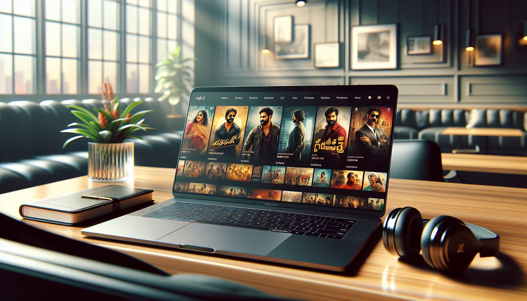 Laptop displaying Telugu movies on iBoom.com in a modern workspace.