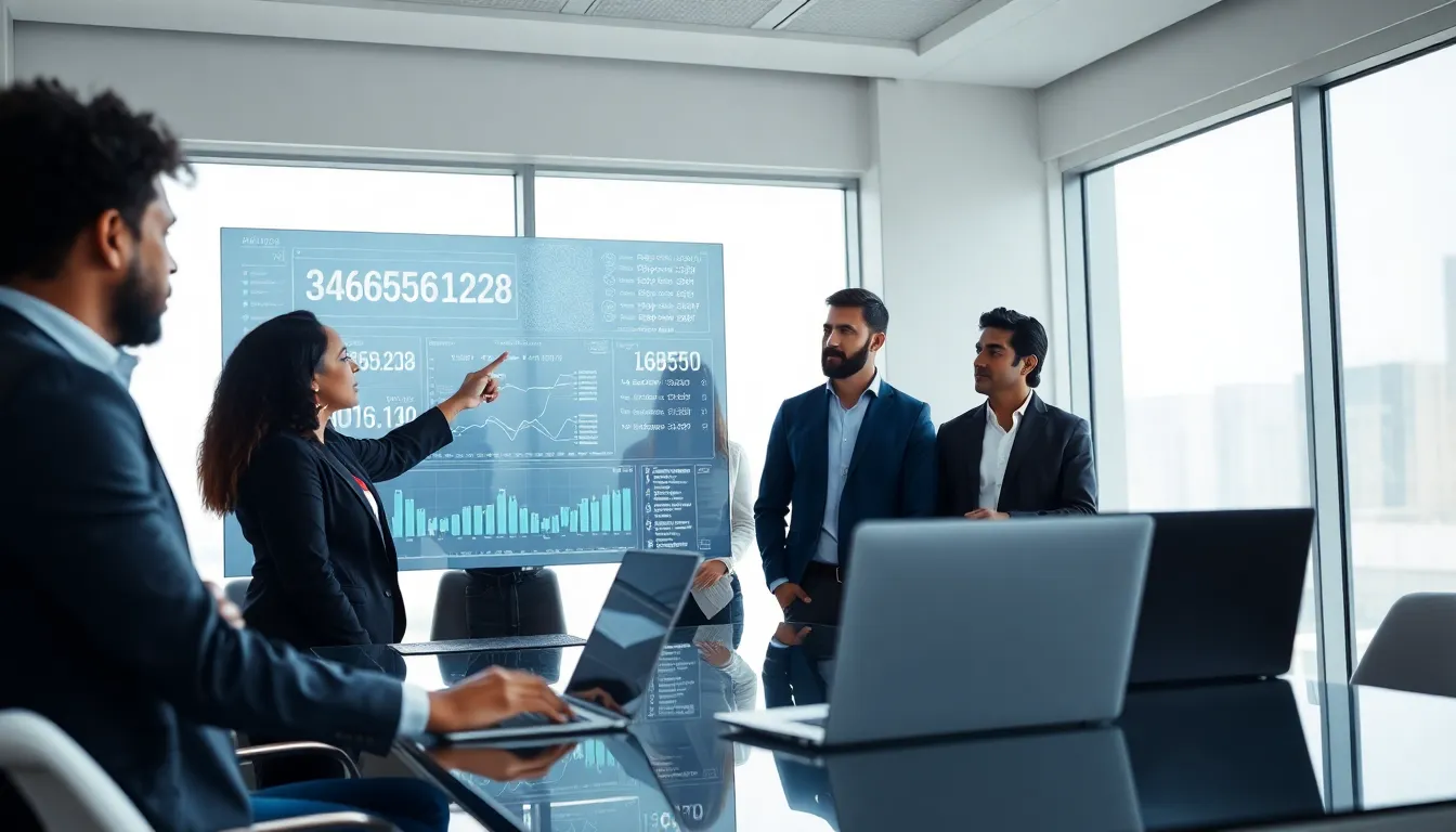 diverse professionals analyzing data in a modern office setting.
