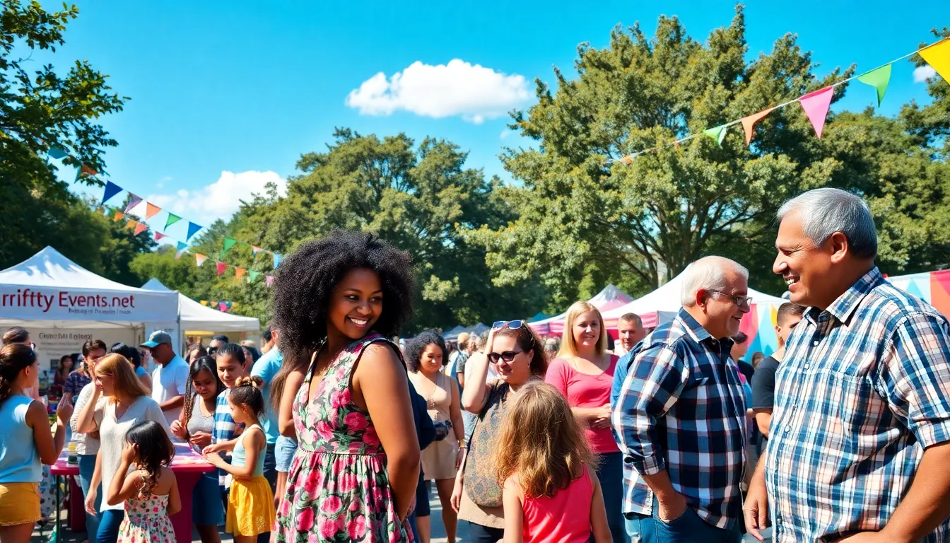 A community fair with diverse people enjoying various activities in a sunny park.