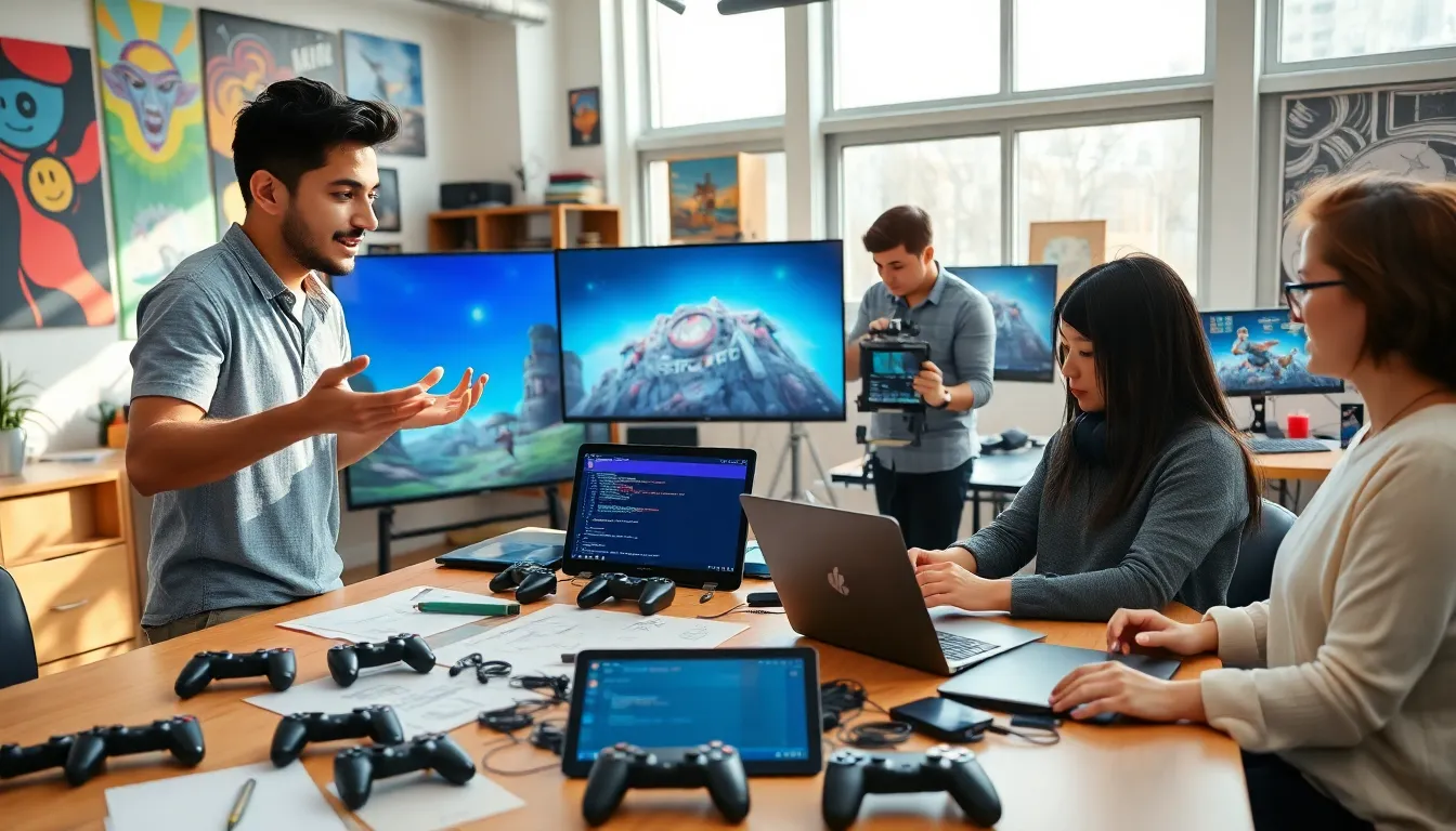 a diverse team of game developers collaborating in a modern studio.