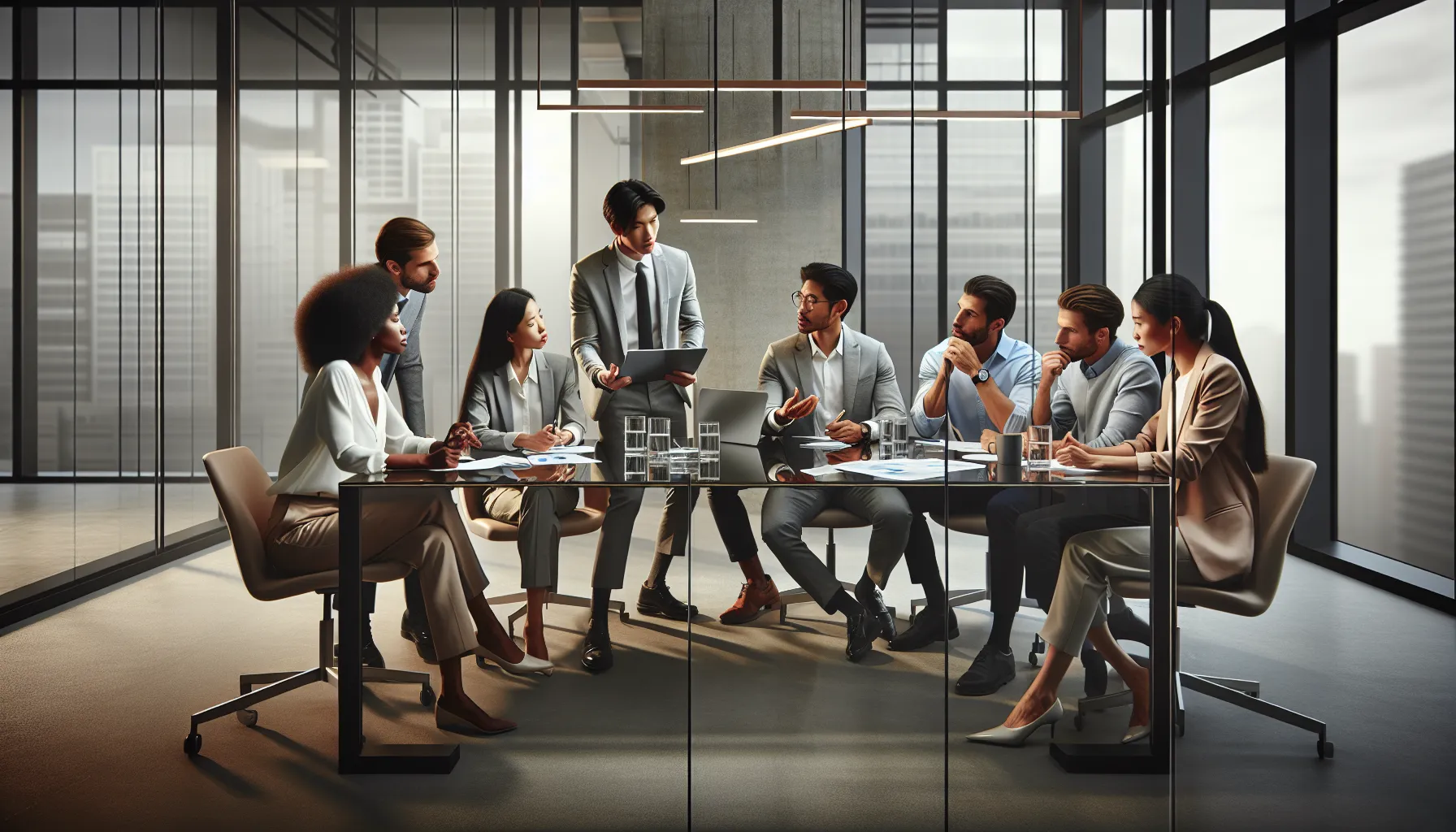 diverse team discussing data in a modern office.