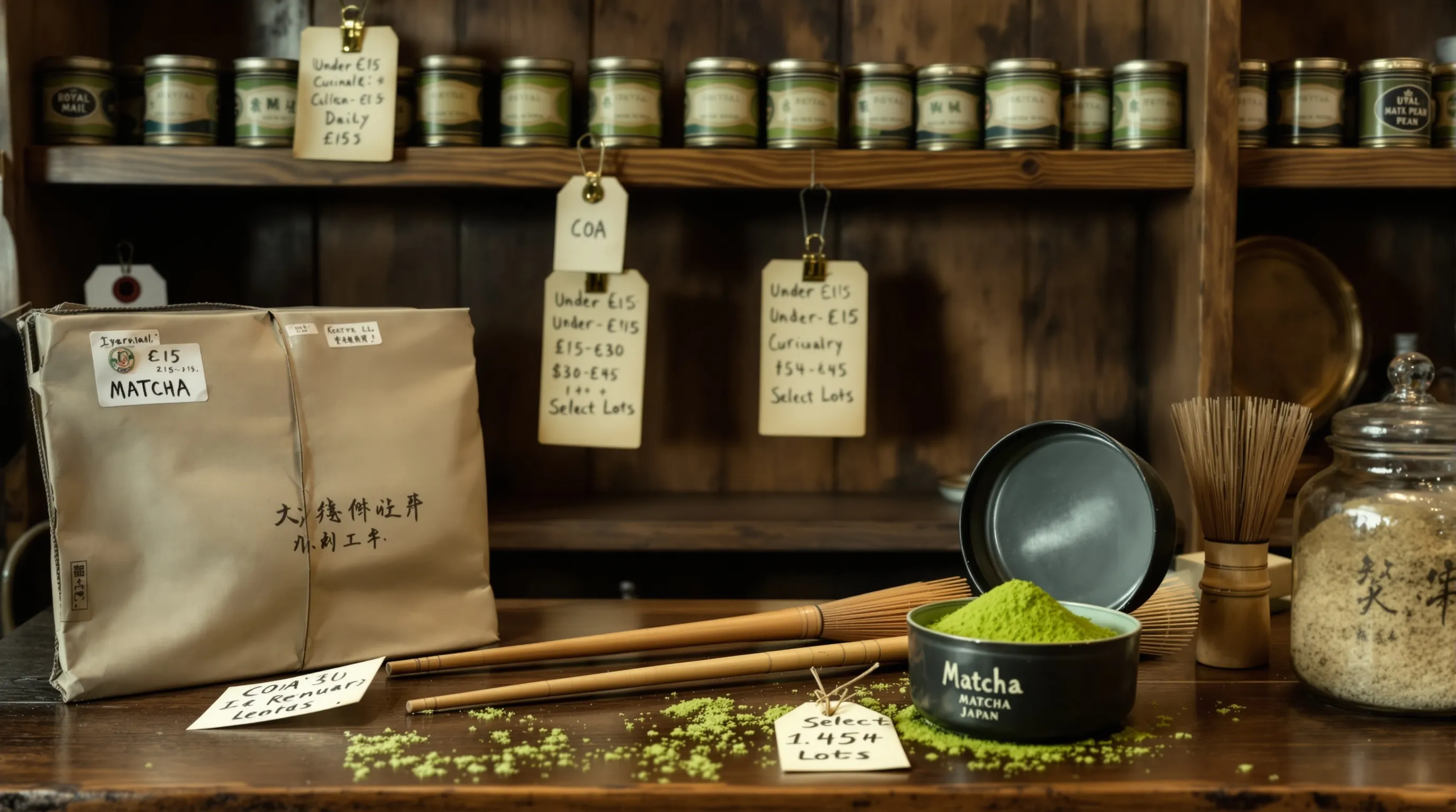 Open tin of matcha on a vintage British counter with price tiers.