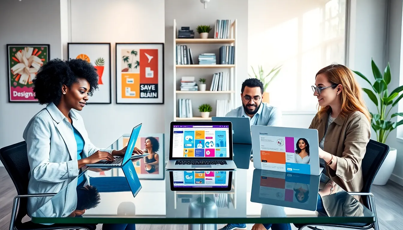 diverse team collaborating on design projects in a modern office.