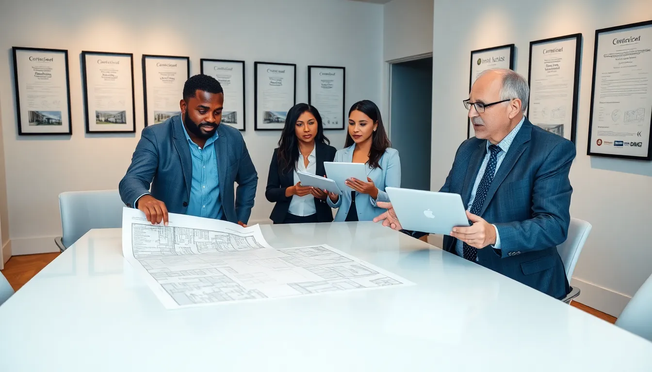 contractors discussing home improvement licenses in a modern office.