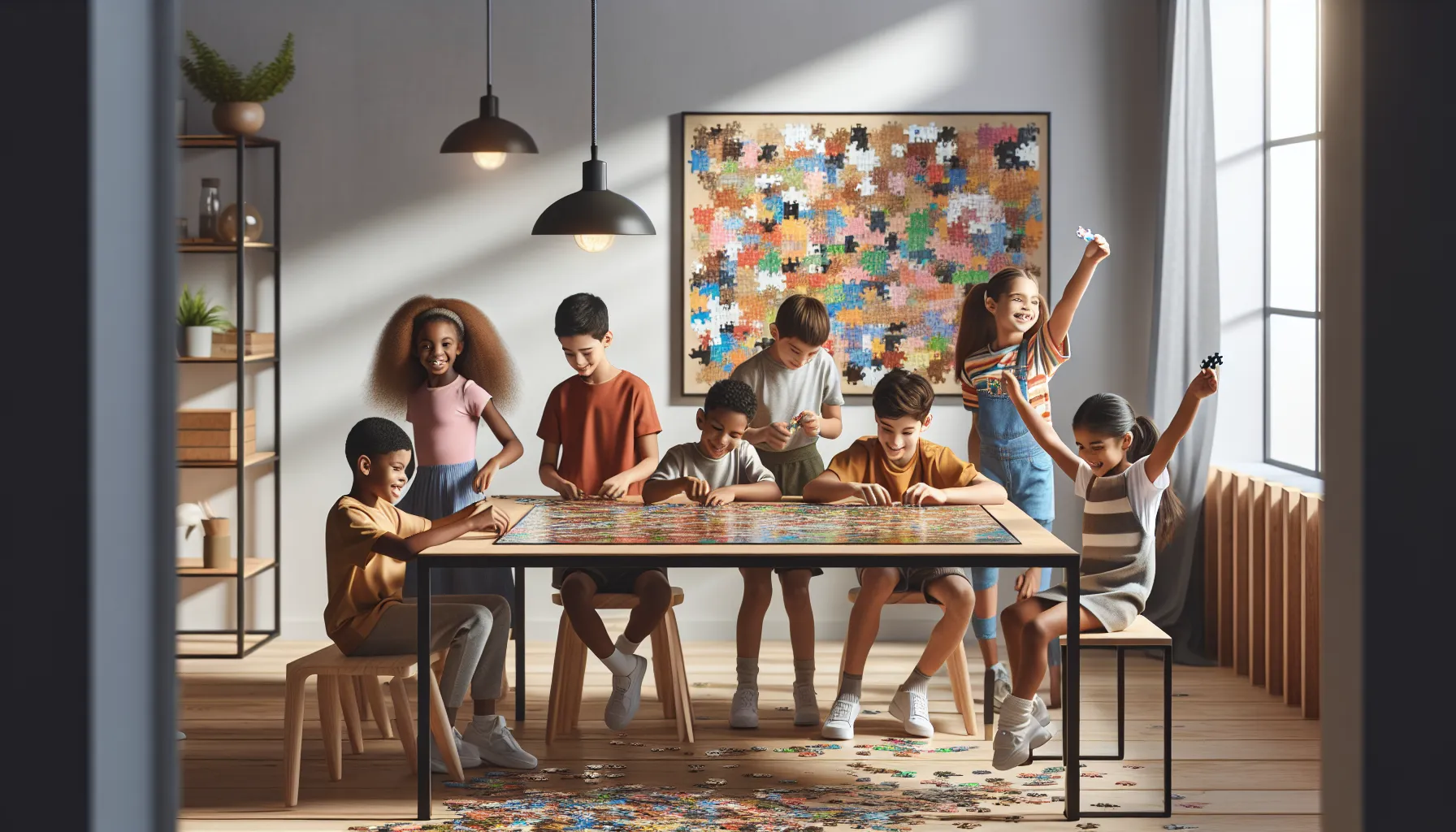 children joyfully solving a puzzle together in a bright room.
