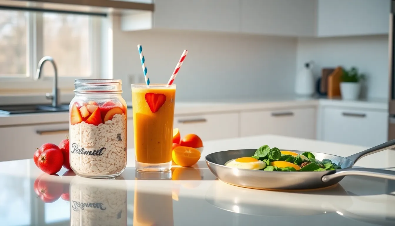 variety of quick breakfast ideas on a contemporary kitchen countertop.