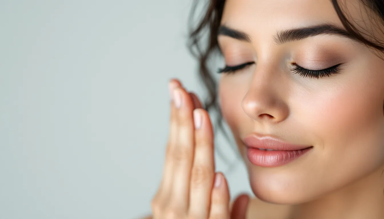 Woman pressing the LI4 acupressure point on her hand with Ayurvedic oil nearby.
