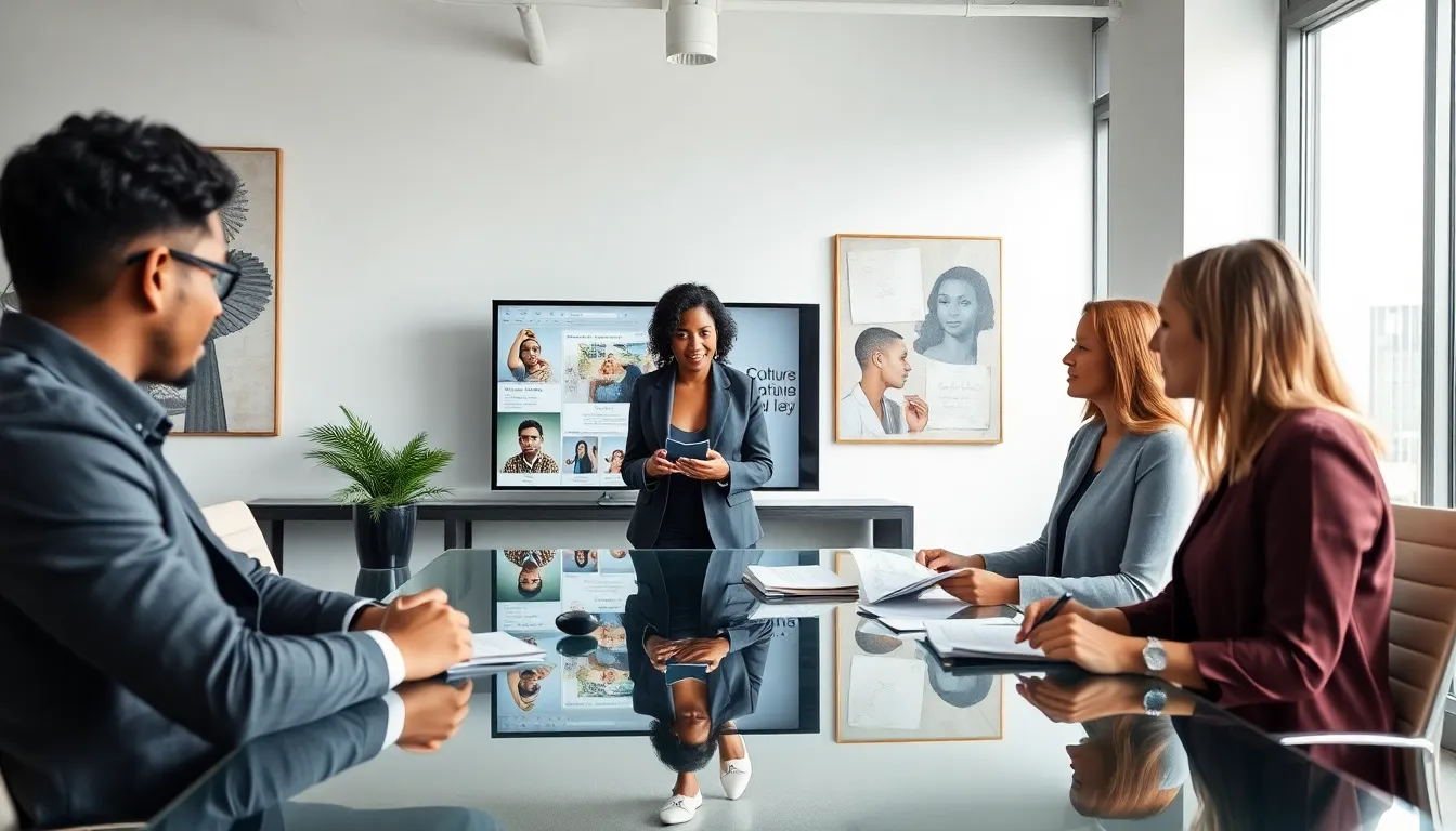 diverse team discussing cultural narratives in a modern office.