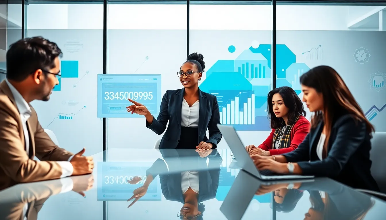diverse team analyzing data in a modern office.