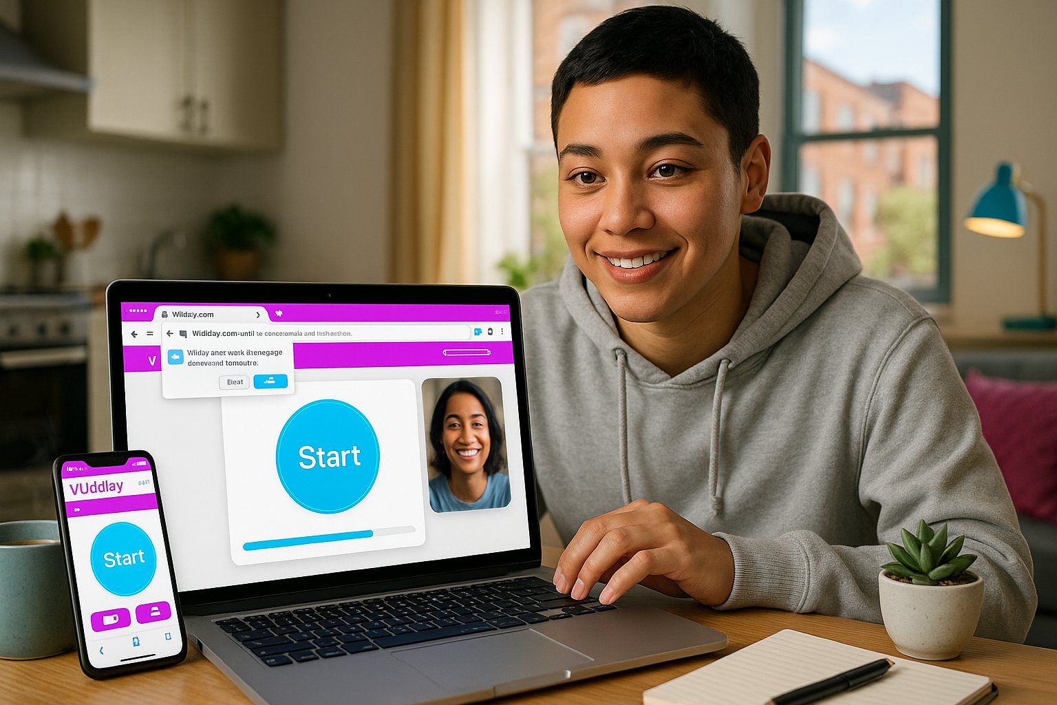 Person starting a Viddizy browser video chat on laptop with phone nearby.