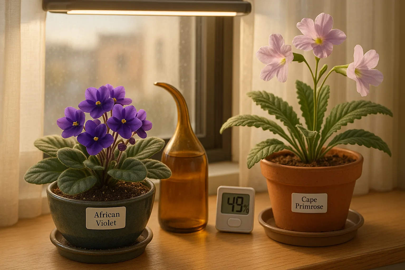 Two labeled potted plants on a windowsill: African violet and Cape primrose.