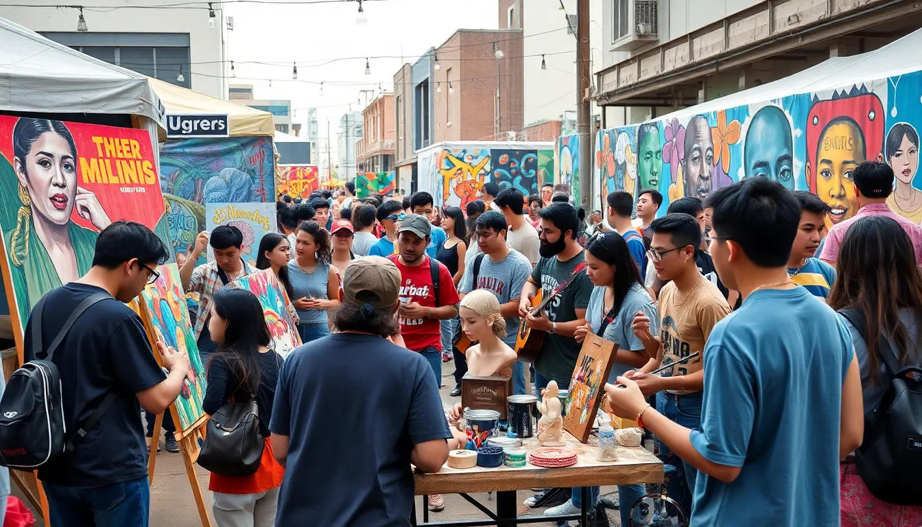 diverse artists collaborating at a vibrant cultural festival.