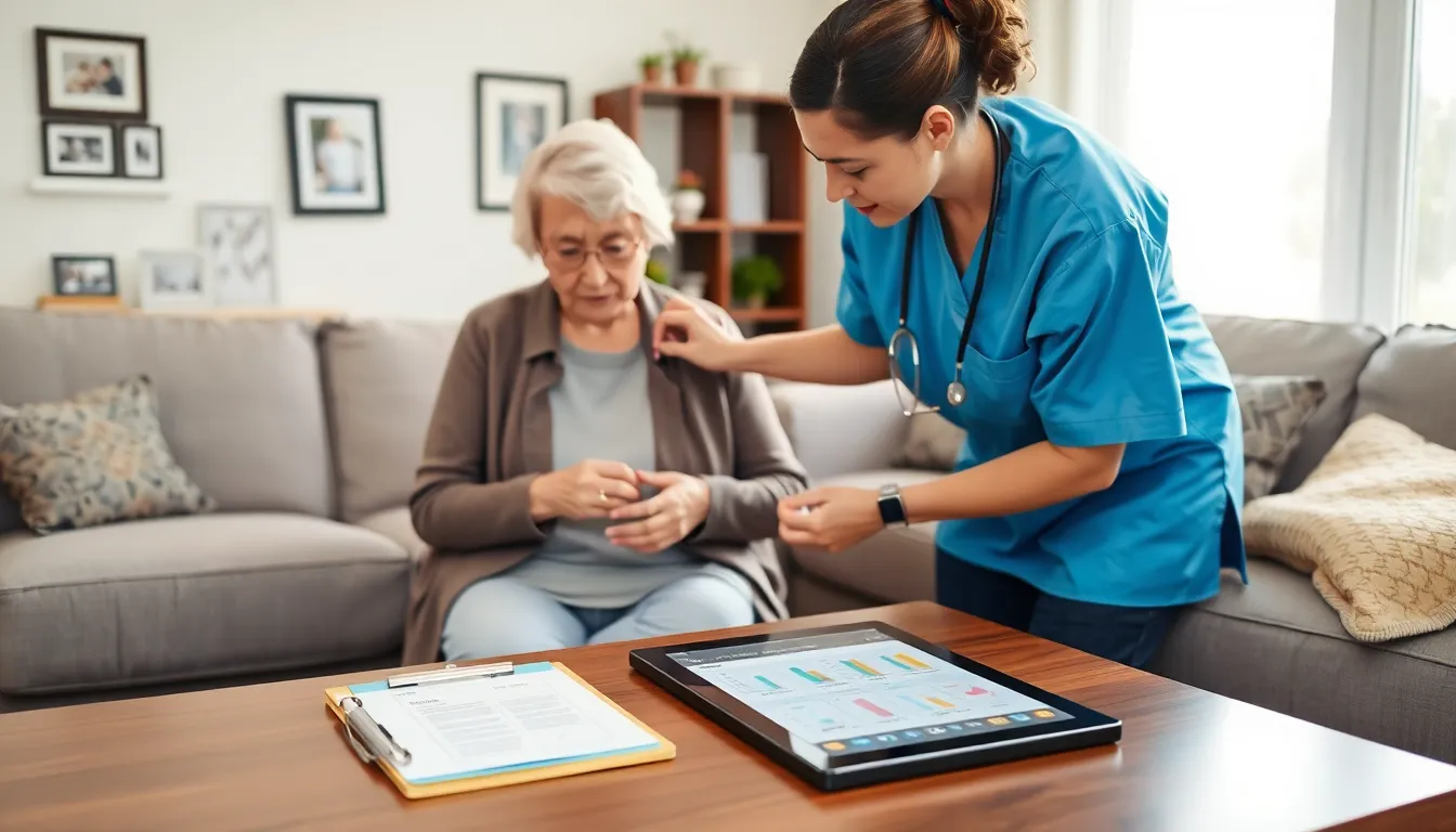 caregiver assisting an elderly woman in a cozy living room.