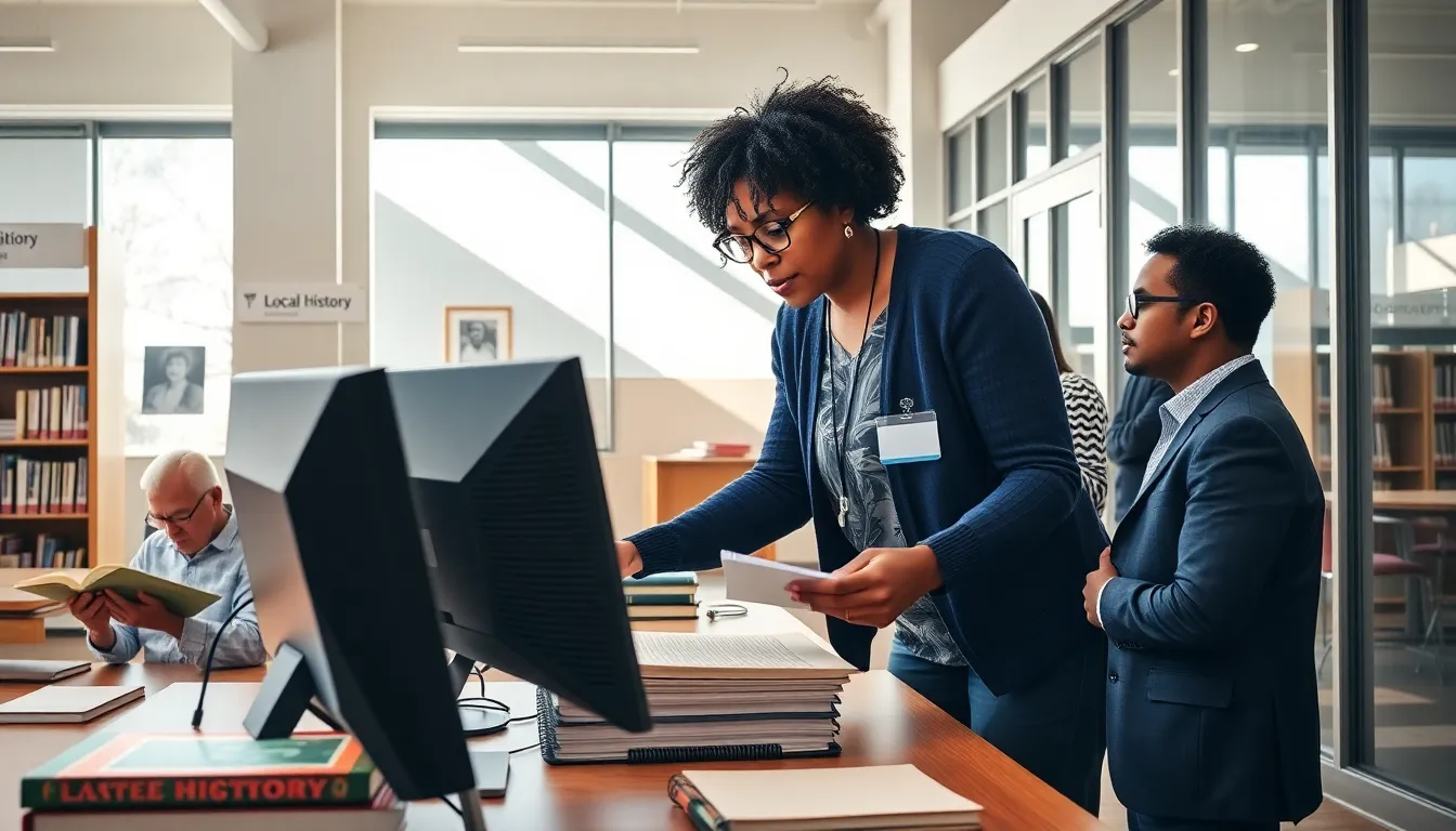 Librarian helping a student at a computer in a busy community library.