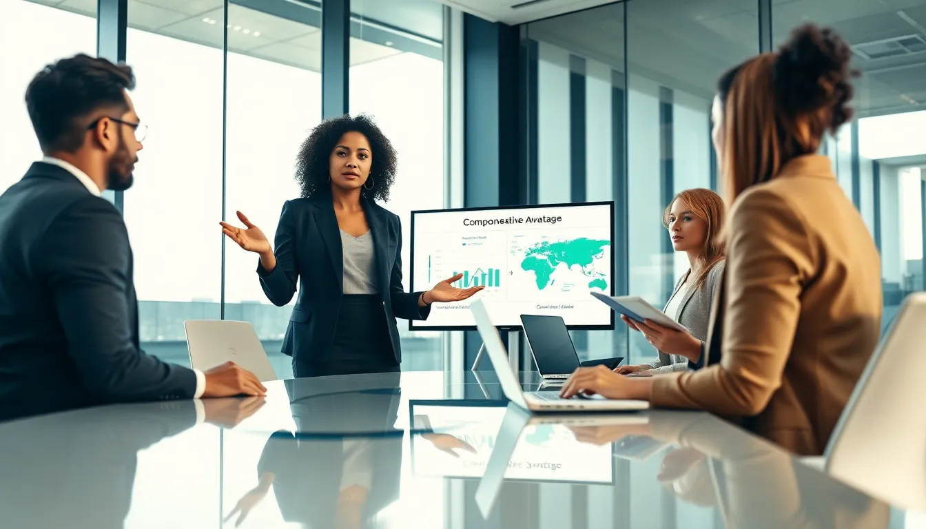diverse team discussing economic concepts in a modern conference room.