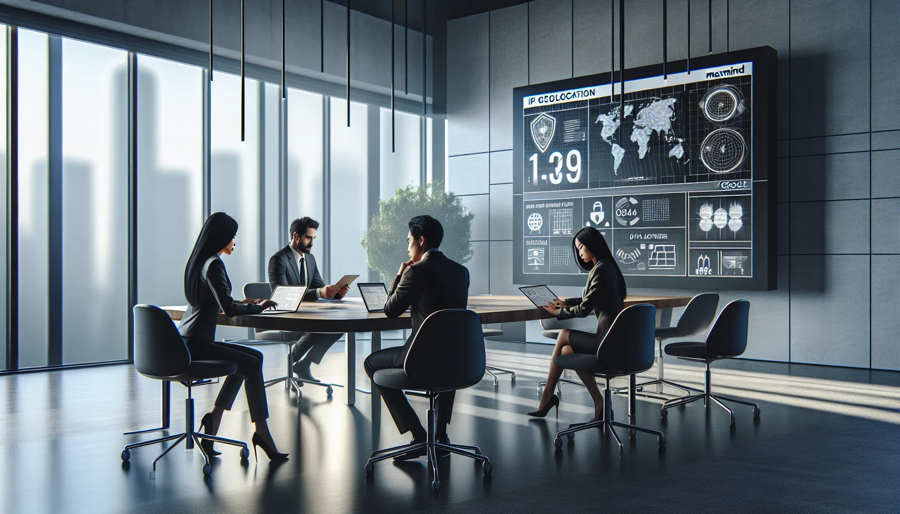 diverse team discussing IP geolocation tools in a modern office.