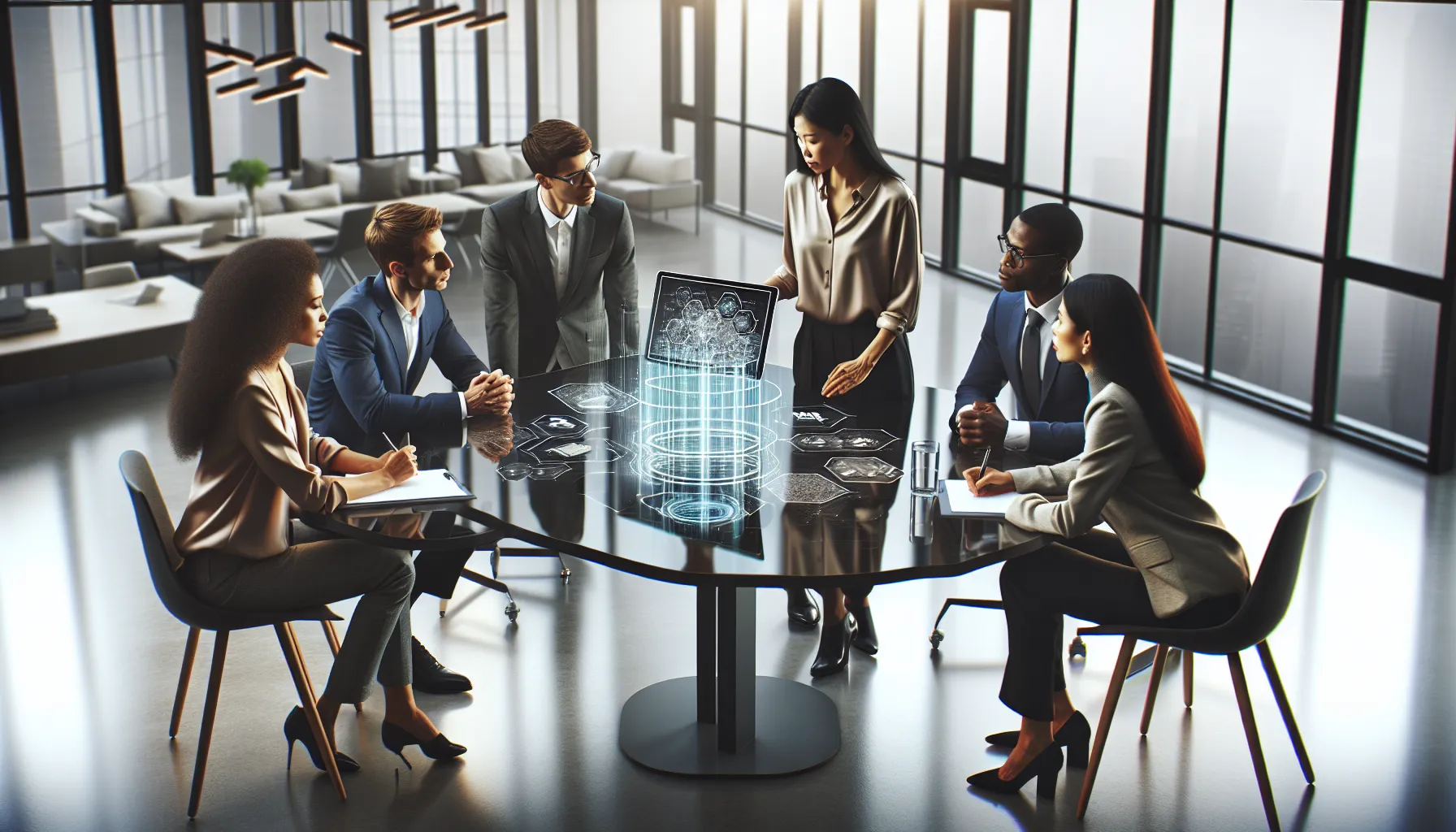 professionals discussing complex concepts in a modern office.