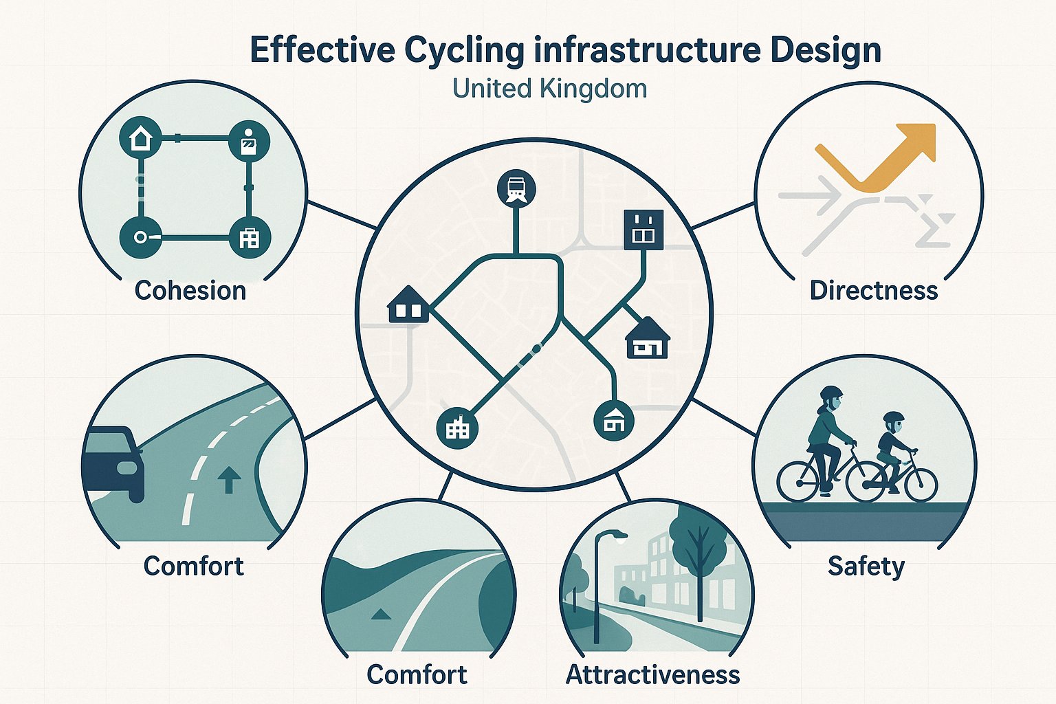 Infographic of five principles for safe and connected UK cycle networks.