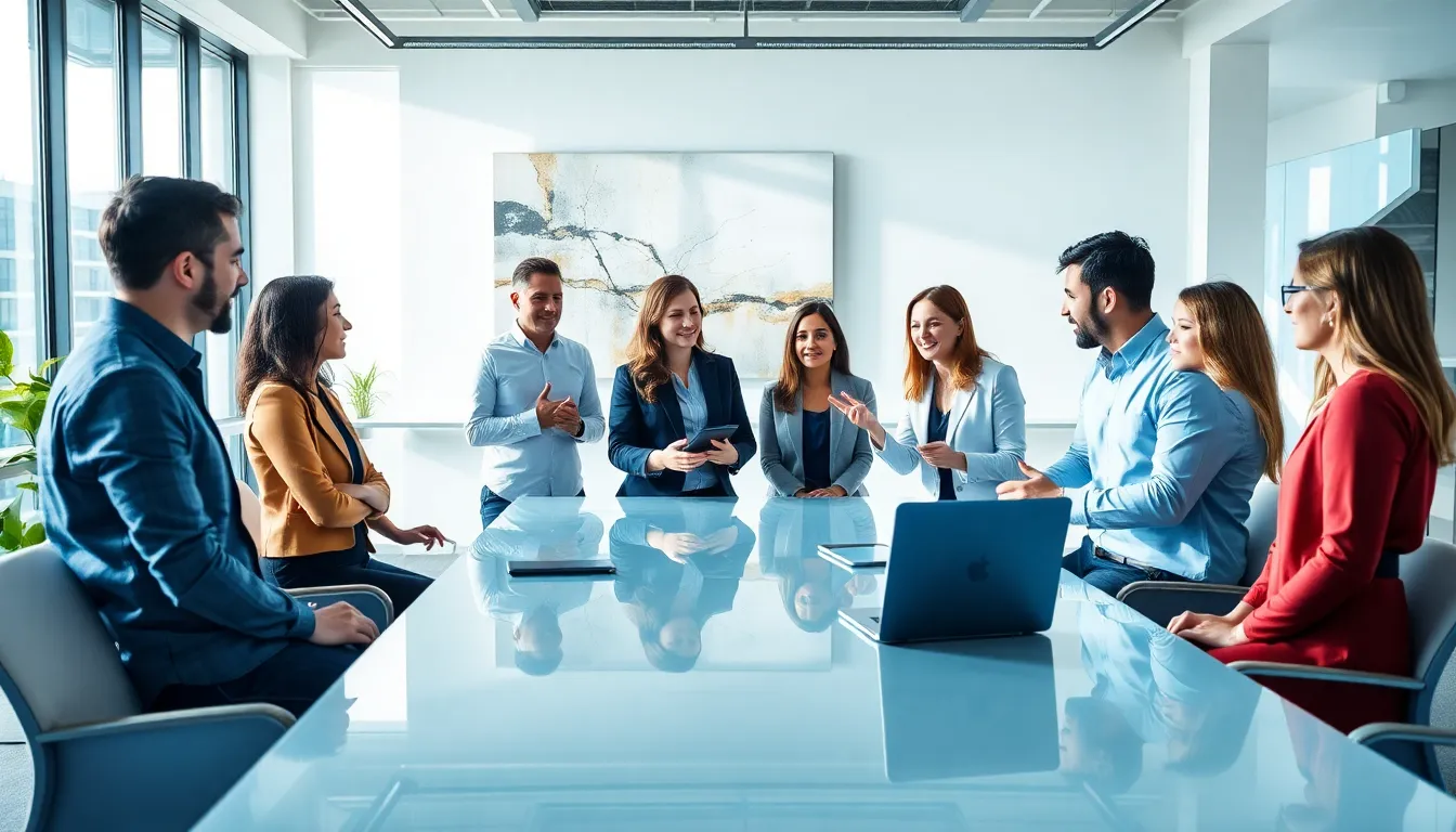 diverse team discussing technology solutions in a modern office.