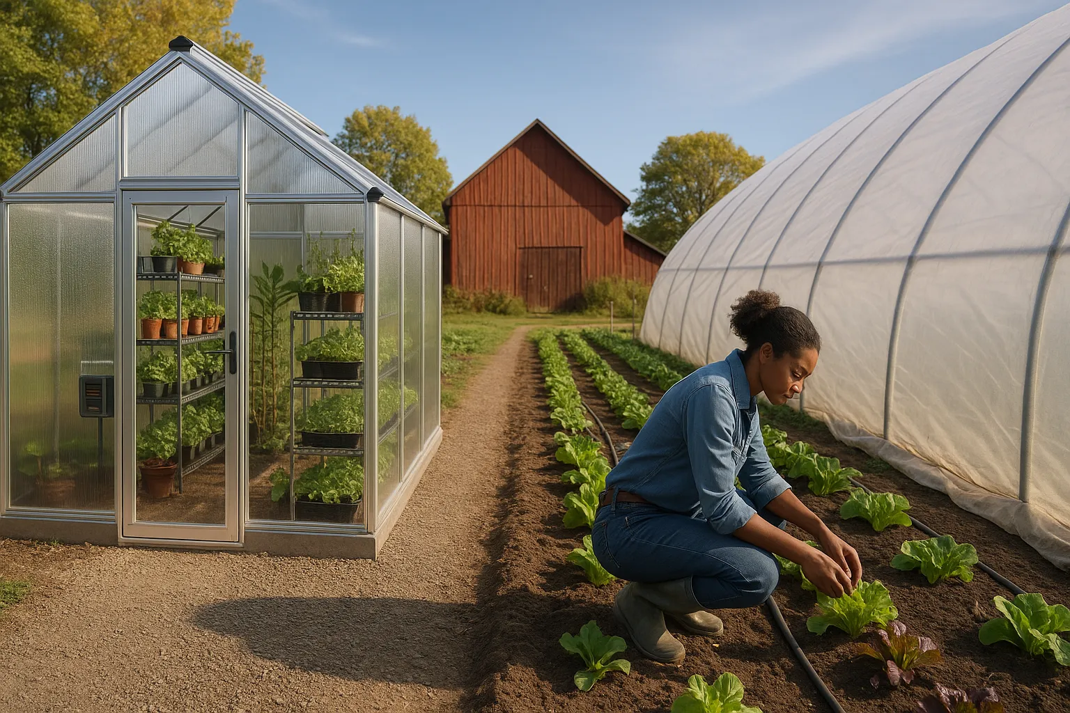 Side-by-side greenhouse and polytunnel on a small American farm
