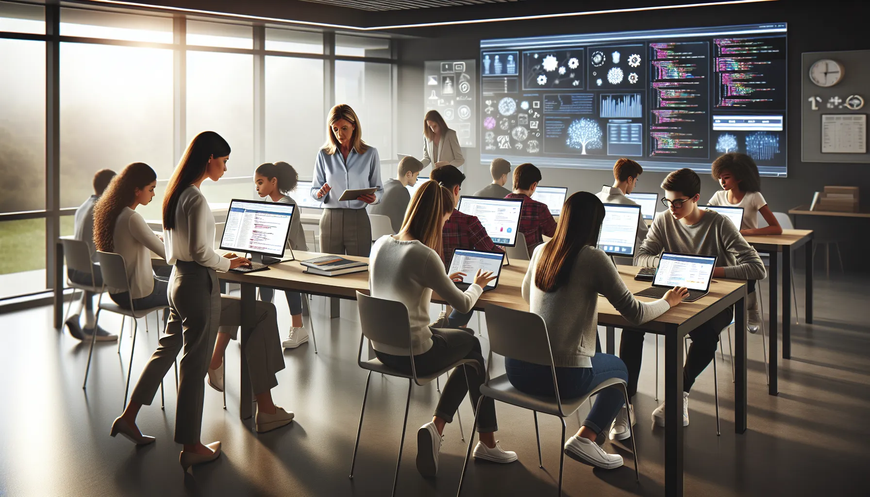 diverse students collaborating with technology in a modern classroom setting.
