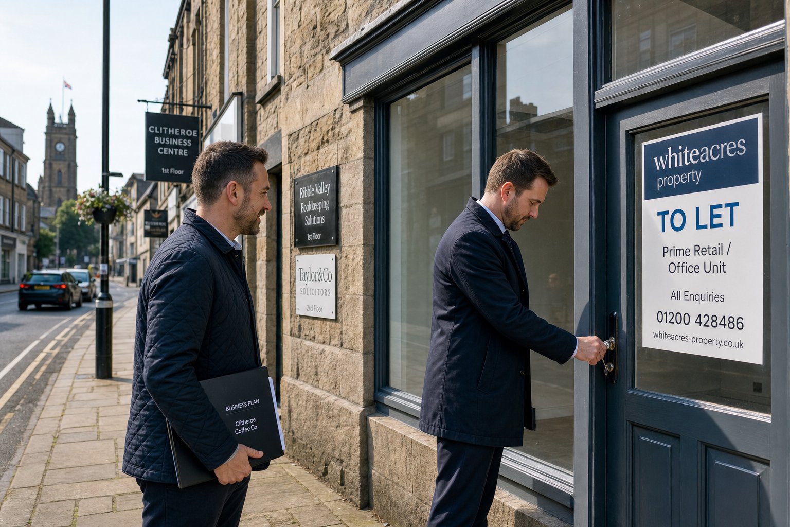 Business owner viewing a newly available commercial property on a Clitheroe street.