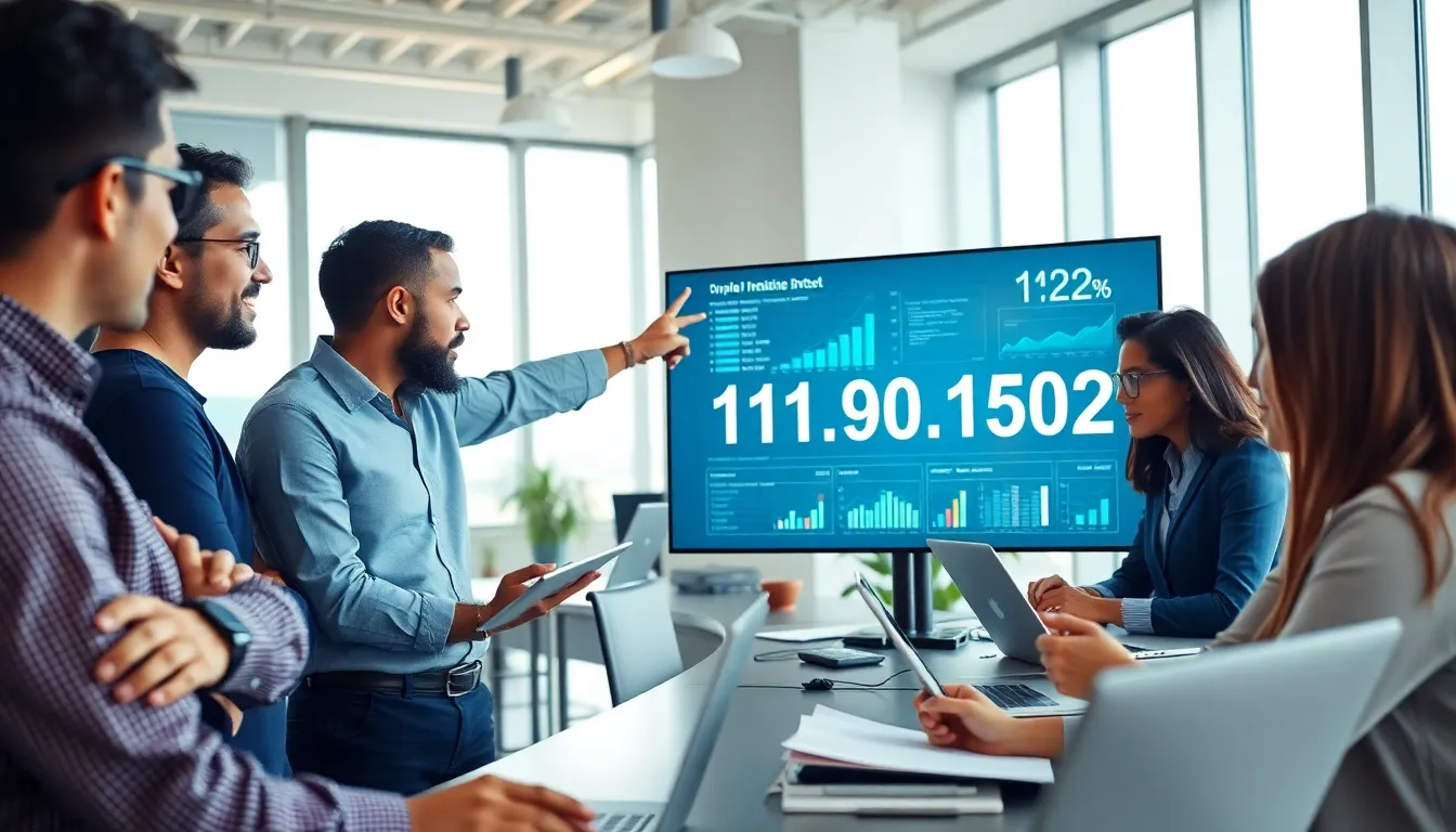 tech professionals discussing data significance in a modern office.