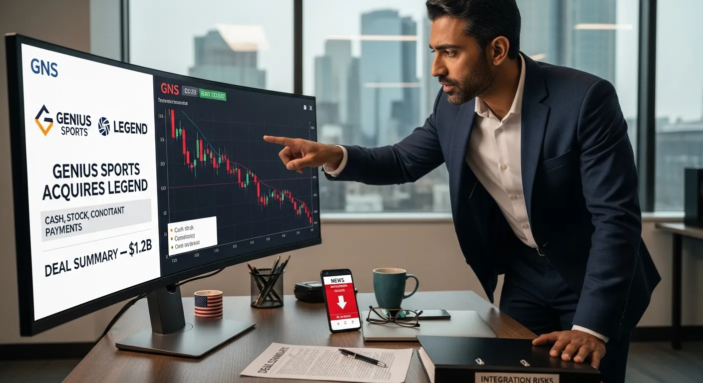 Businessman points at a monitor showing Genius Sports $1.2B deal and plunging stock