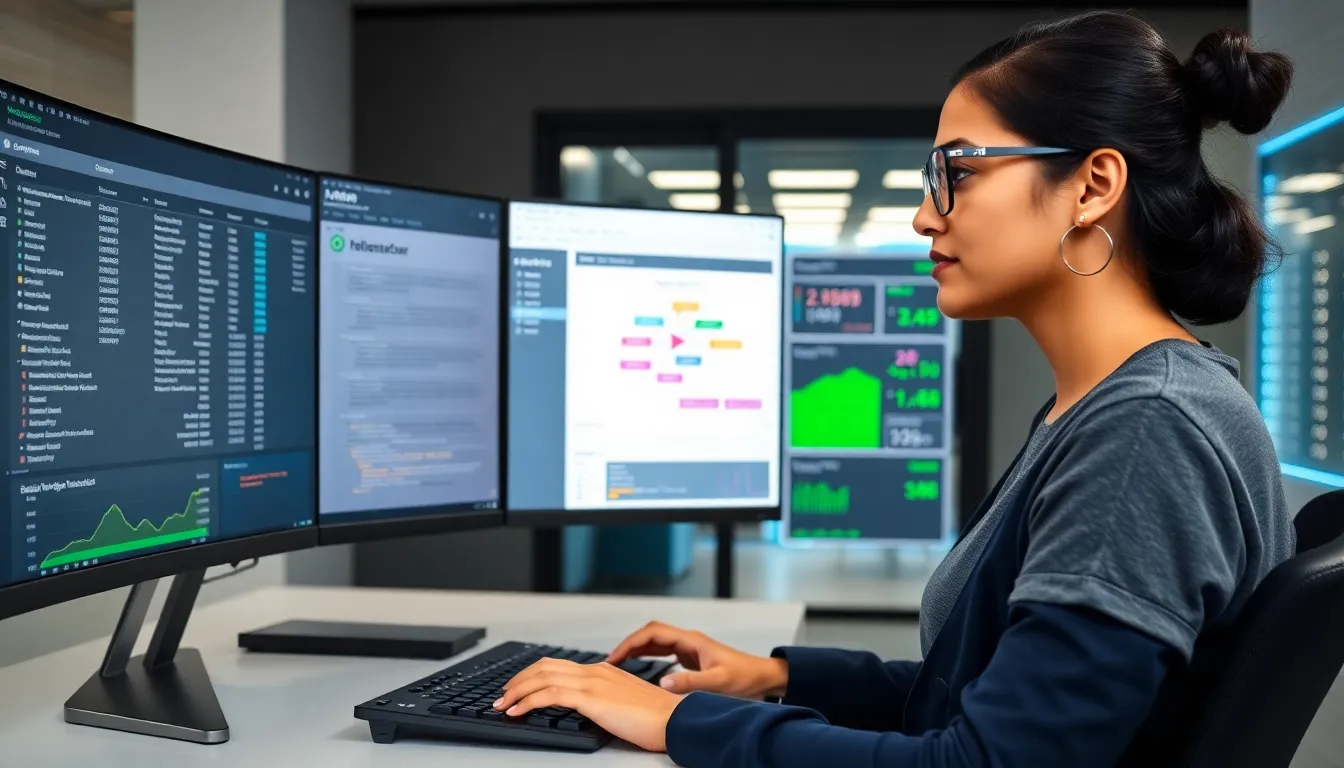 Engineer monitoring a database dashboard with server racks visible behind